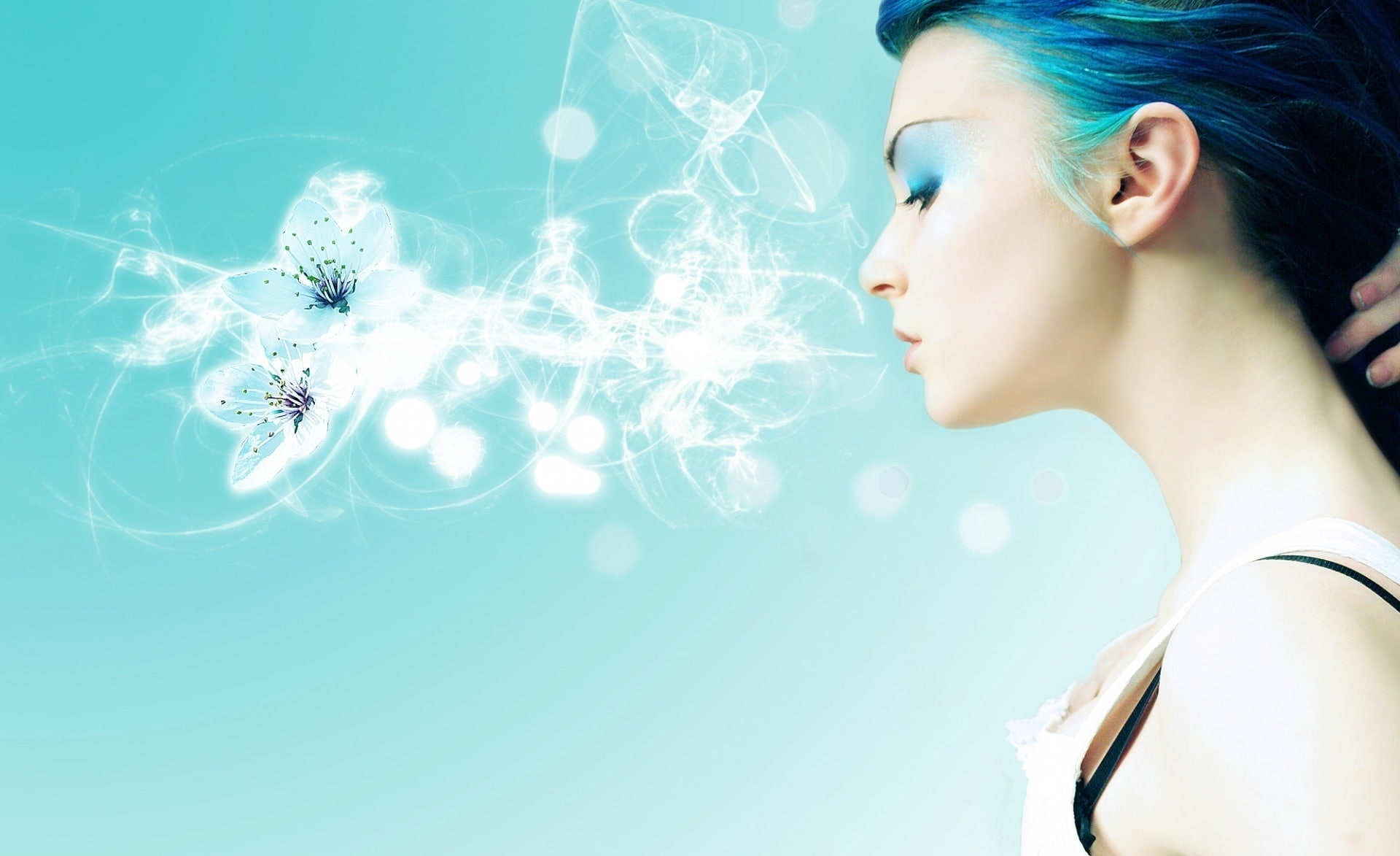 art, blue background, Design, indoors, s, Girl, Flowers, spaghetti, one person, white, hairstyle, Creative, colored background, young adult, side view, HD Wallpaper