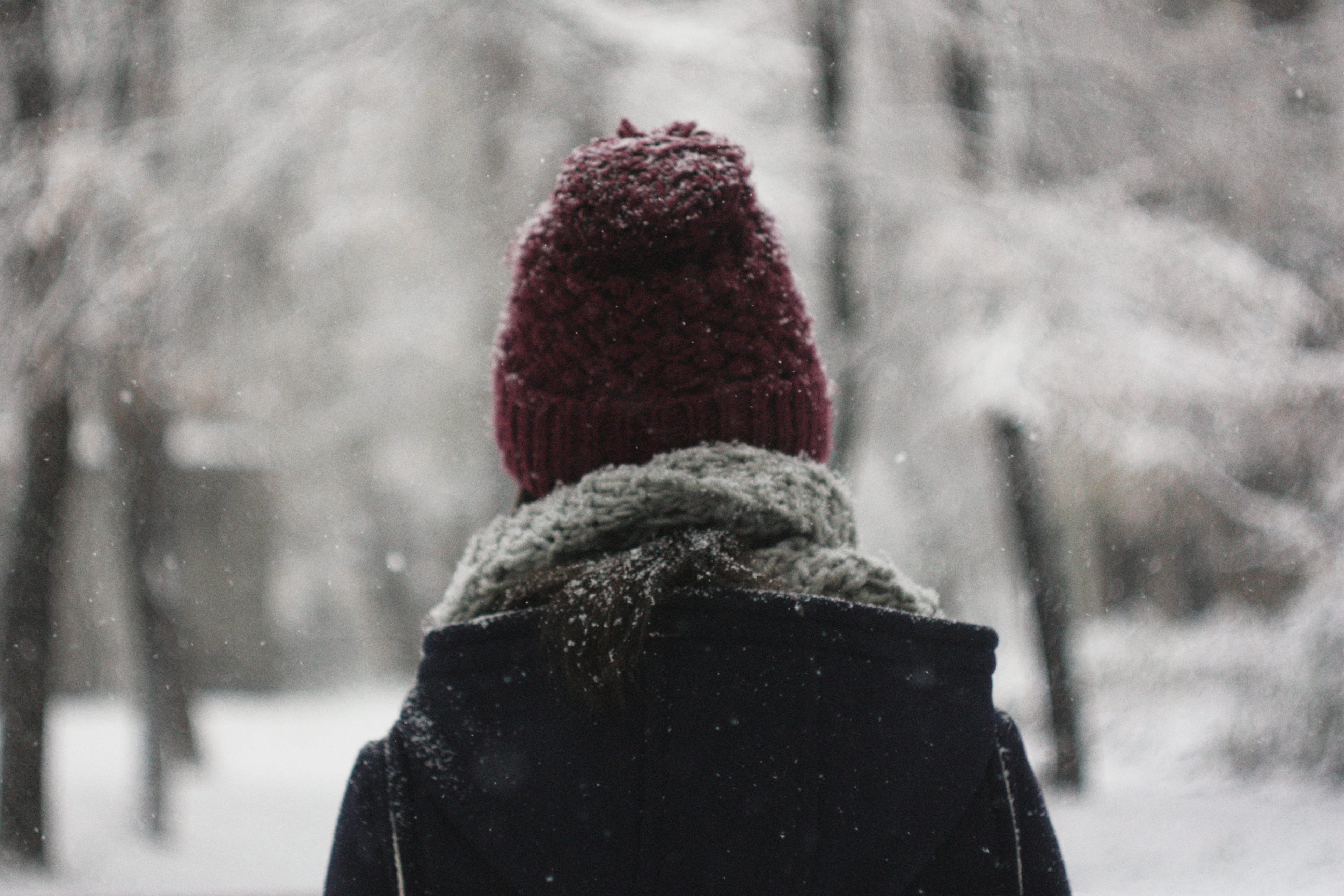 rear view, black, cap, headshot, one person, winter coat, day, blizzard, real people, clothing, snowing, 4K, bonnet, knit hat, human, snow, photography, HD Wallpaper