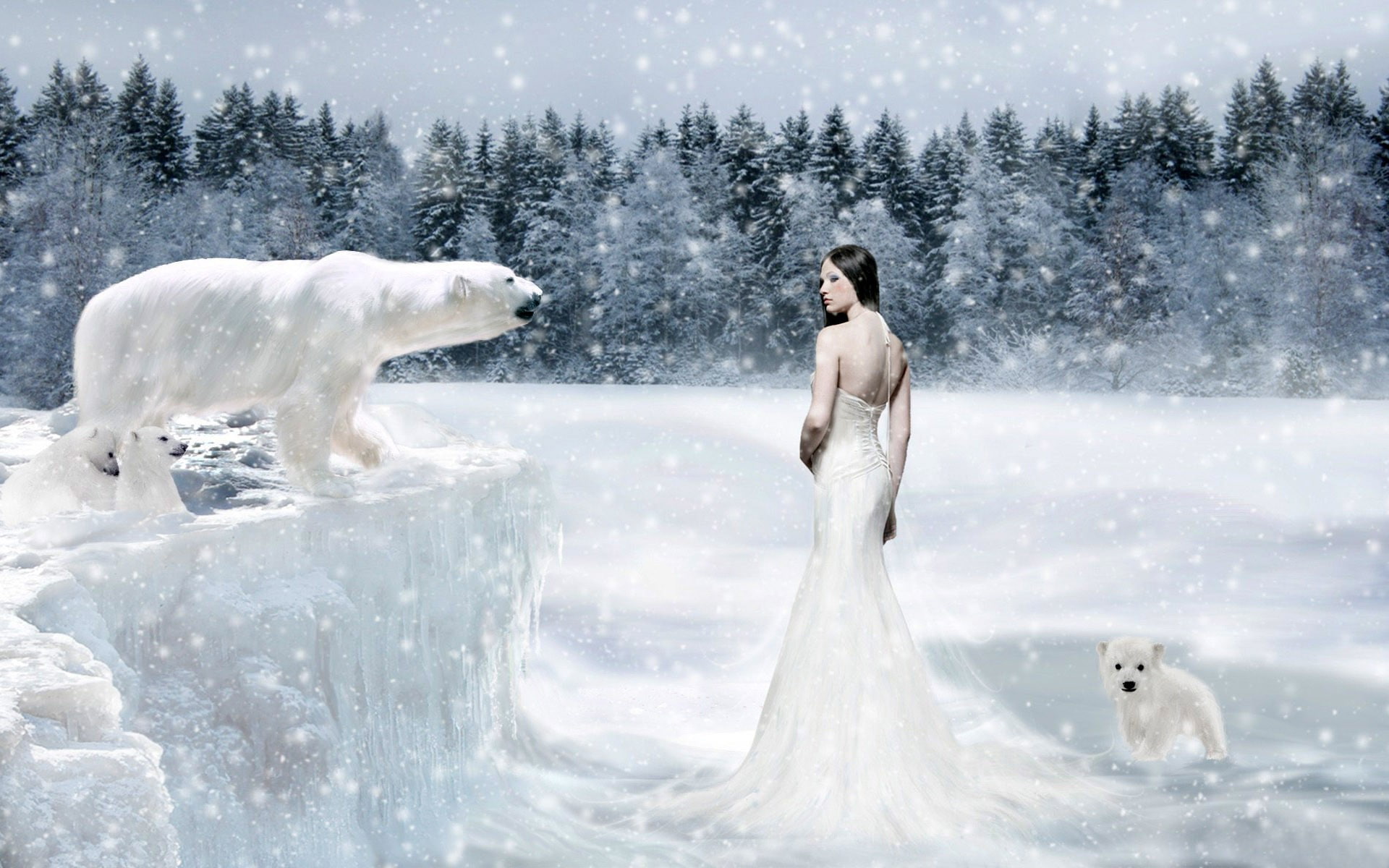 1080P, fantasy art, fantasy girl, polar bears, HD Wallpaper
