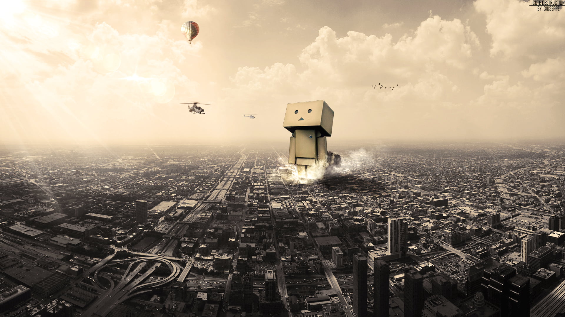 sepia, digital, architecture, no people, financial district, destruction, day, tower, horizon, character, building exterior, Danbo, flying, 1080P, HD Wallpaper