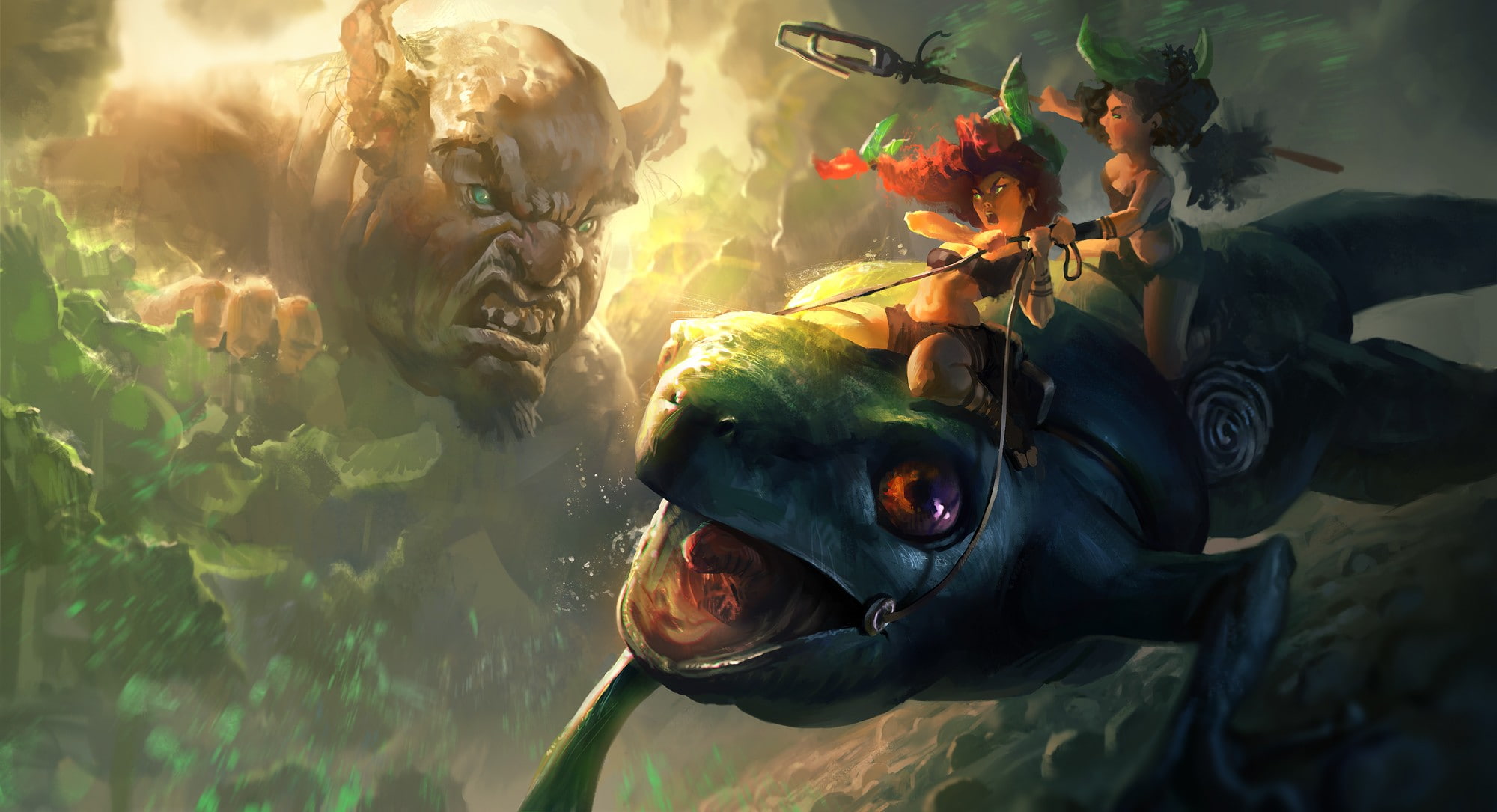 fantasy, 1080P, art, fantasy art, warriors, giant, fight, creatures, HD Wallpaper