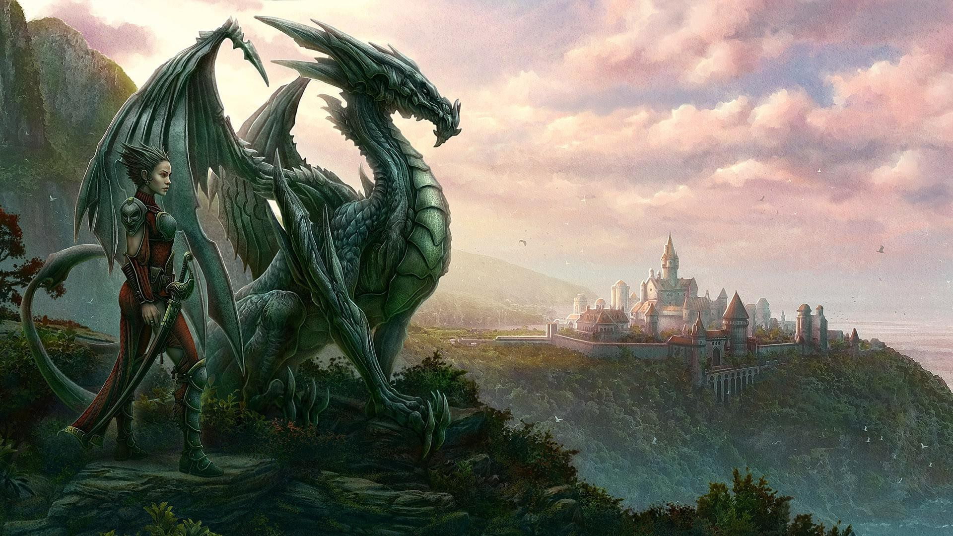 castle, 1080P, iron, woman, illustration, female, 1920x1080, warrior, kingdom, fantasy, dragon, HD Wallpaper