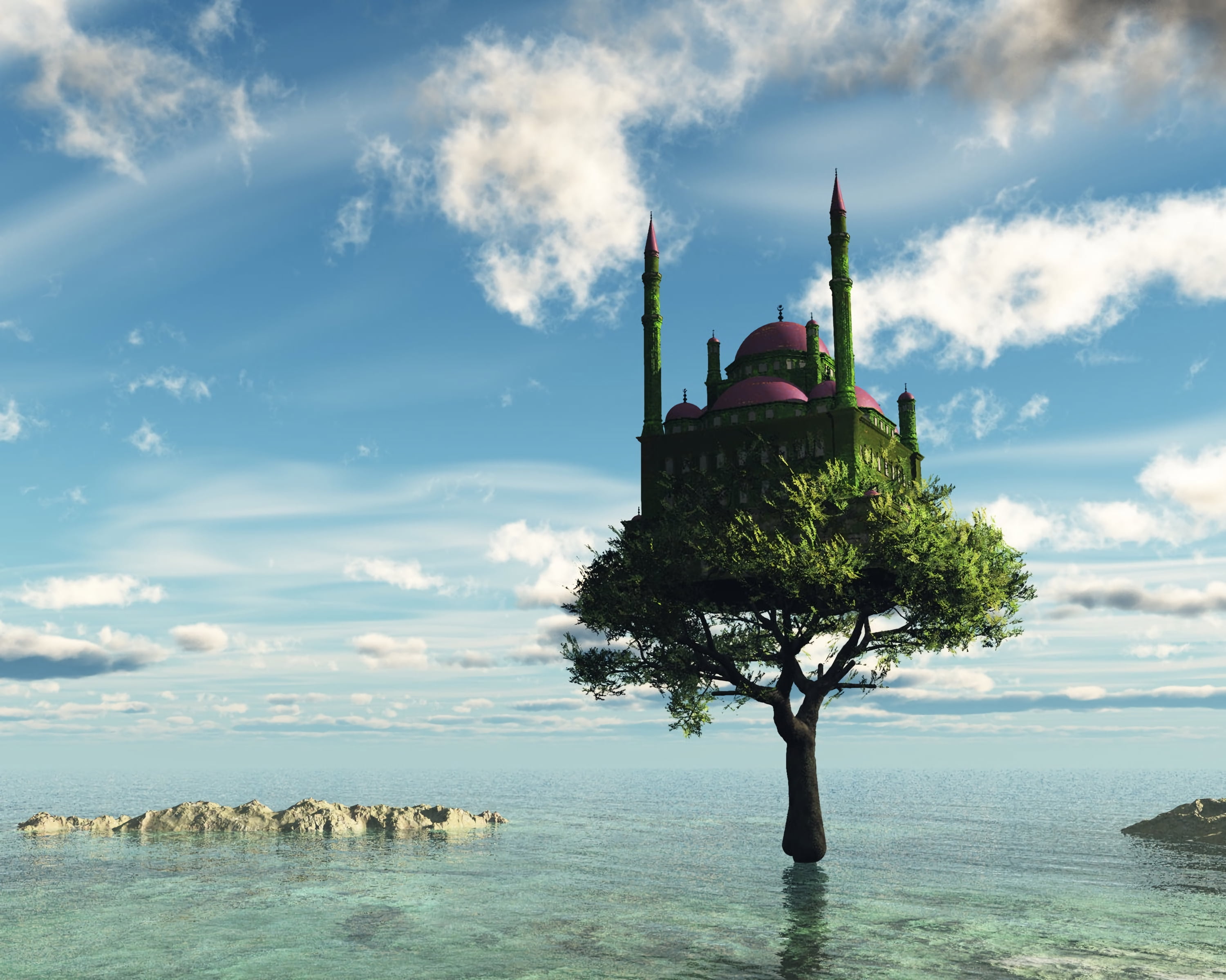 religion, waterfront, 2K, architecture, water, sea, dome, building exterior, building, outdoors, digital, cloud - sky, history, no people, castle, nature, HD Wallpaper