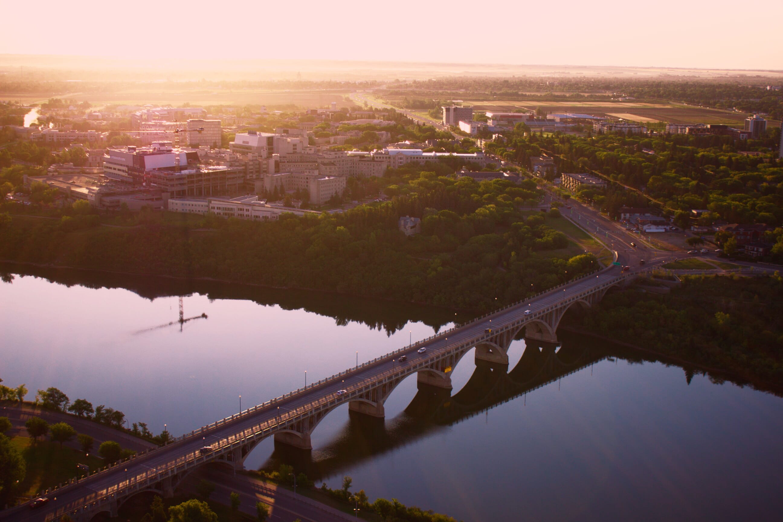 high angle view, building, outdoors, saskatoon, connection, cityscape, sky, reflection, canada, bridge, city river bridges sunrise, city, built structure, HD Wallpaper