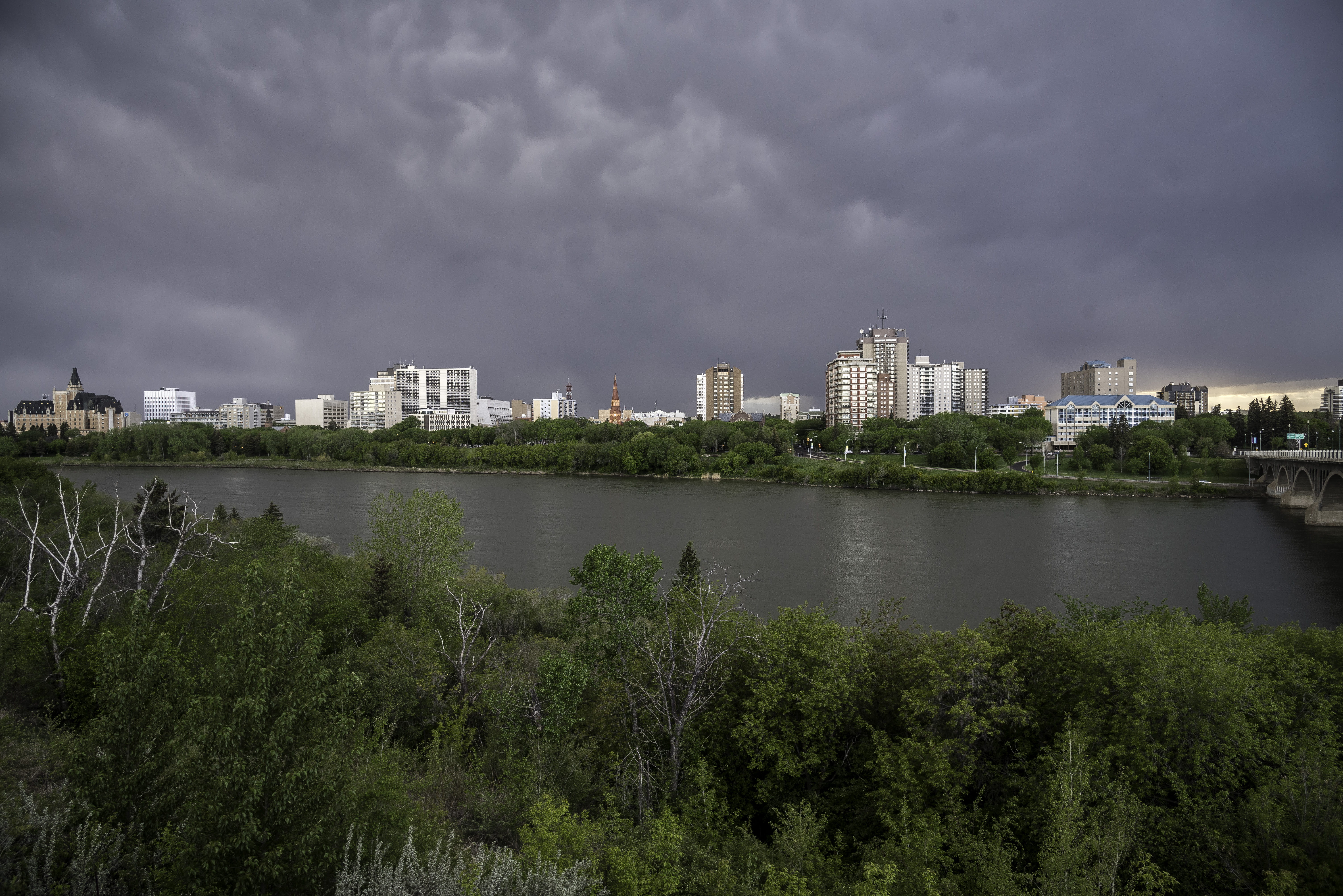 skies, clouds, canada, built structure, urban skyline, architecture, tree, river, full, nature, urban, trees, Saskatoon, building, office building exterior, HD Wallpaper