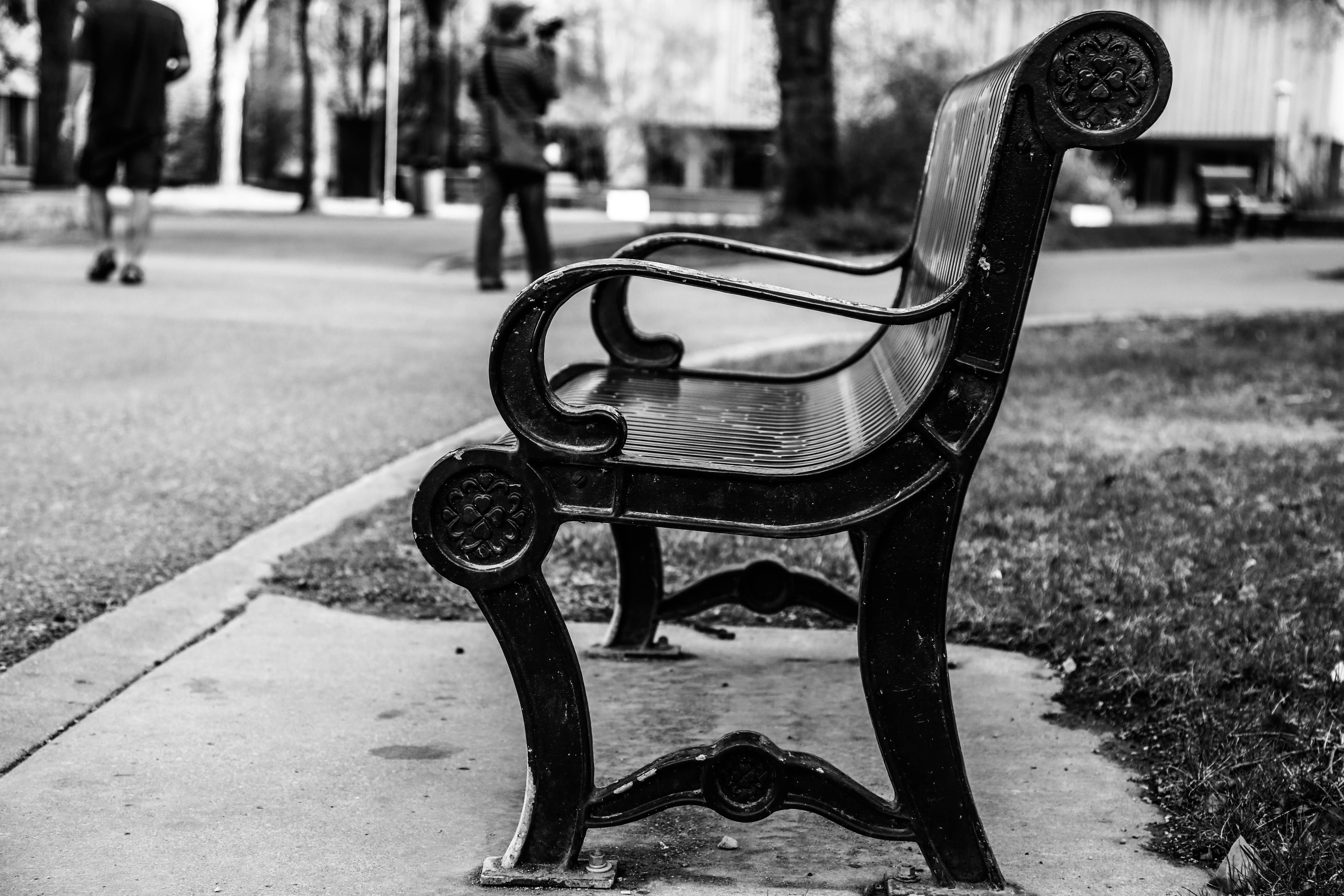 incidental people, park bench, street, focus on foreground, city, day, seat, transportation, metal, footpath, nature, canada, absence, saskatoon, park - man made space, HD Wallpaper