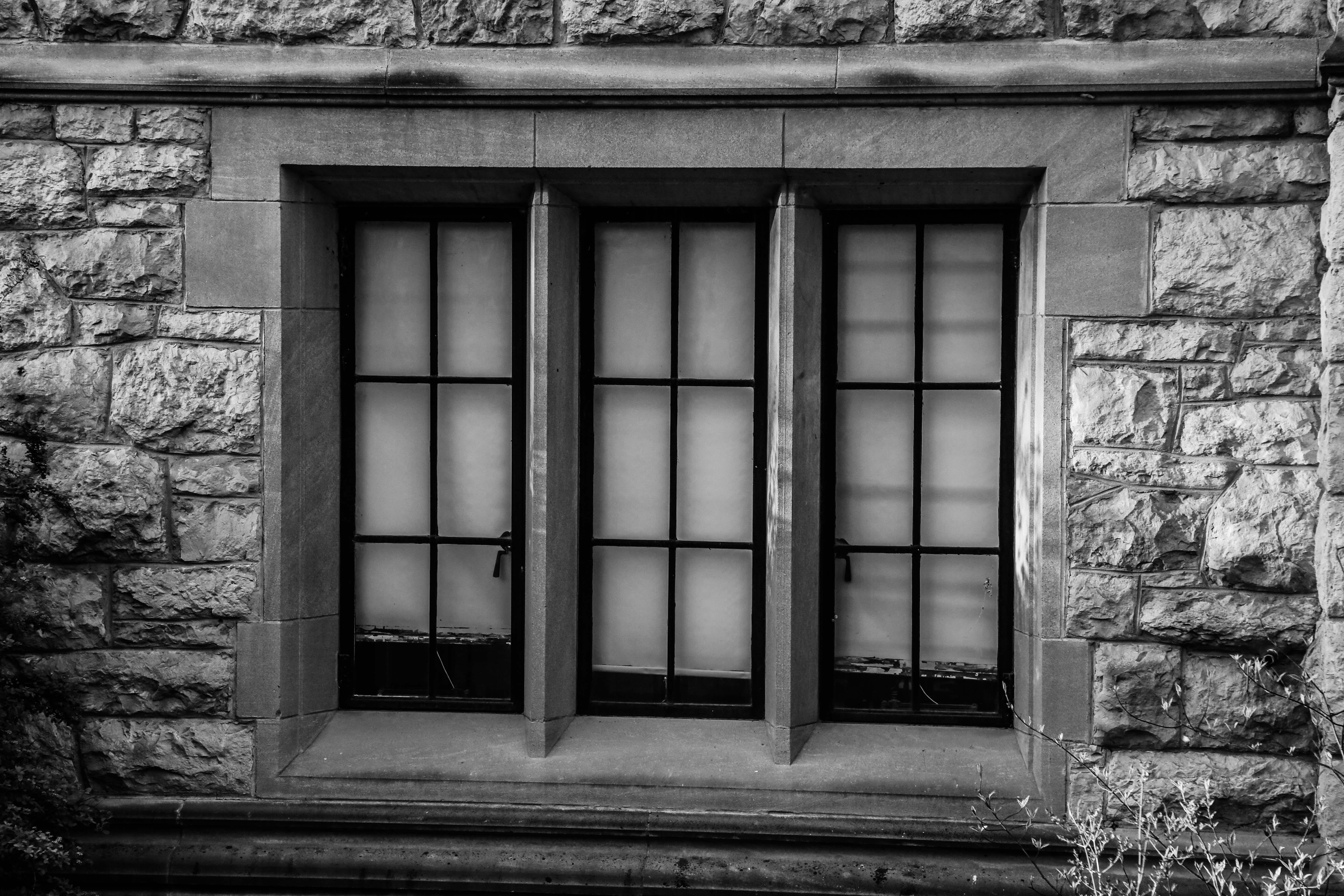 building, glass - material, closed, no people, black and white, 5K, old, outdoors, building exterior, window frame, day, wall - building feature, security, HD Wallpaper