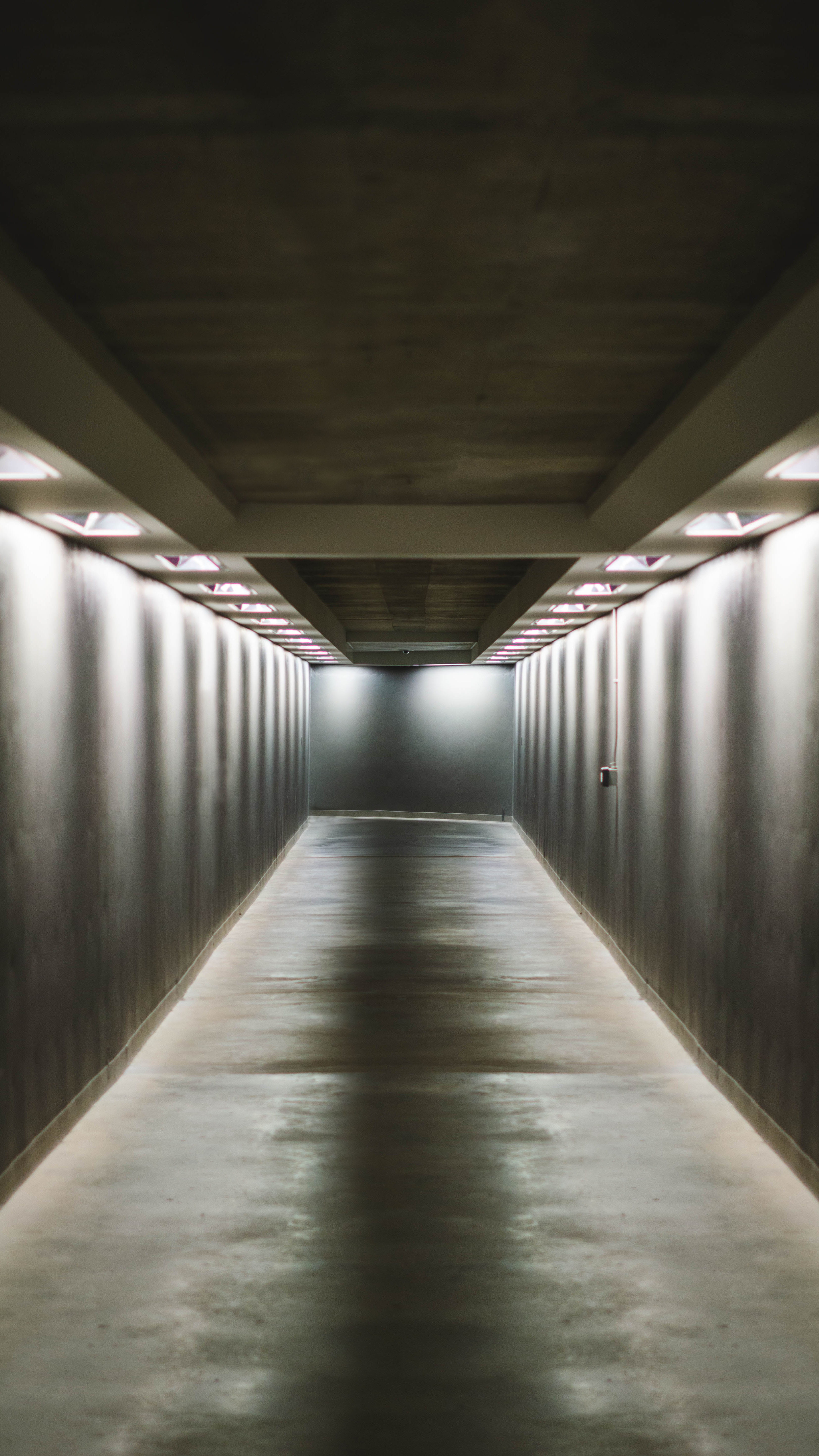 vanishing point, no people, ceiling, path, grass, empty, public transportation, light at the end of the tunnel, electric light, illuminated, concrete, 5K, Phone HD Wallpaper