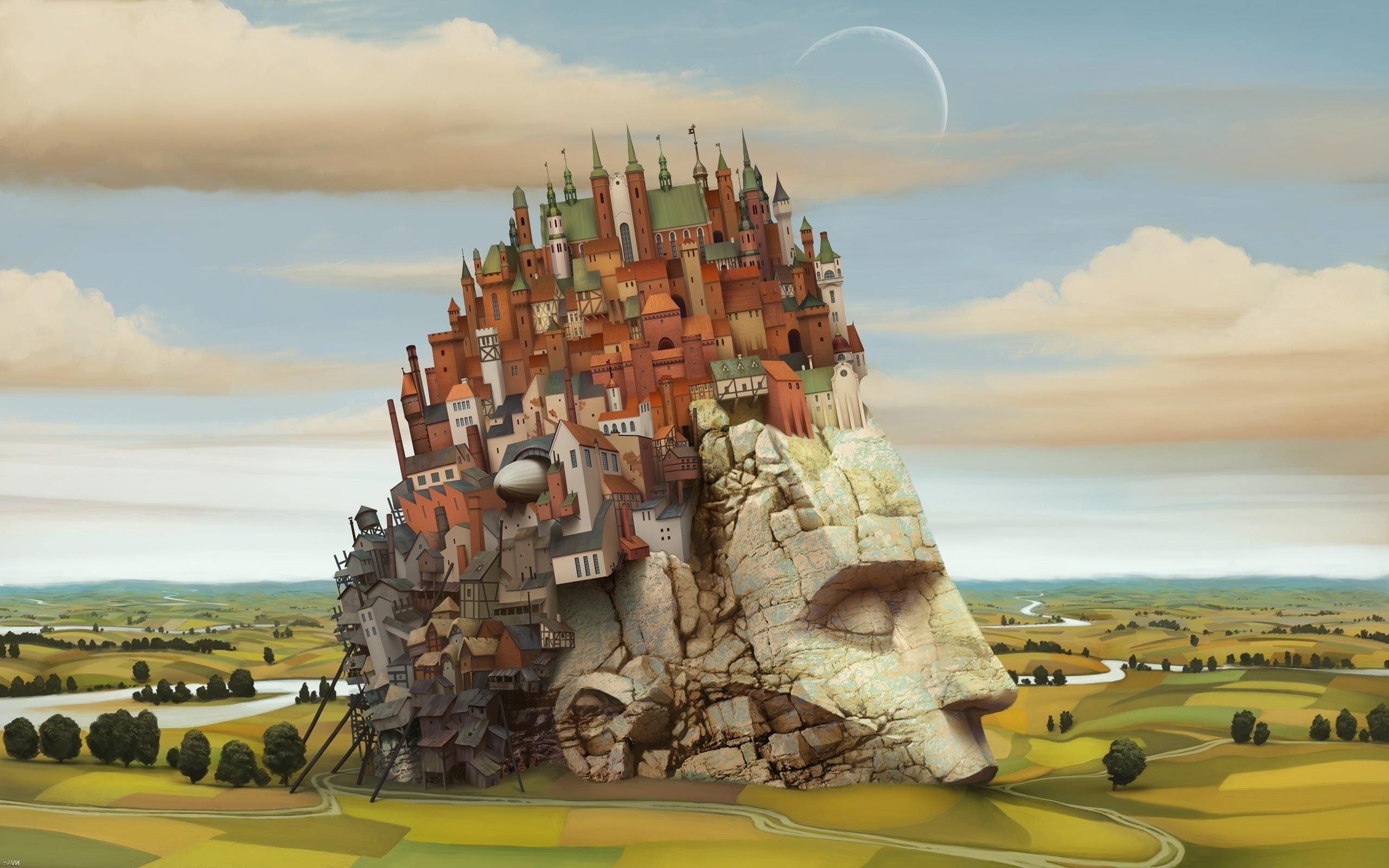 2K, artwork surreal castle statue field landscape house river anime digital art city fantasy art jacek yerka, transportation, nature, land, built structure, HD Wallpaper