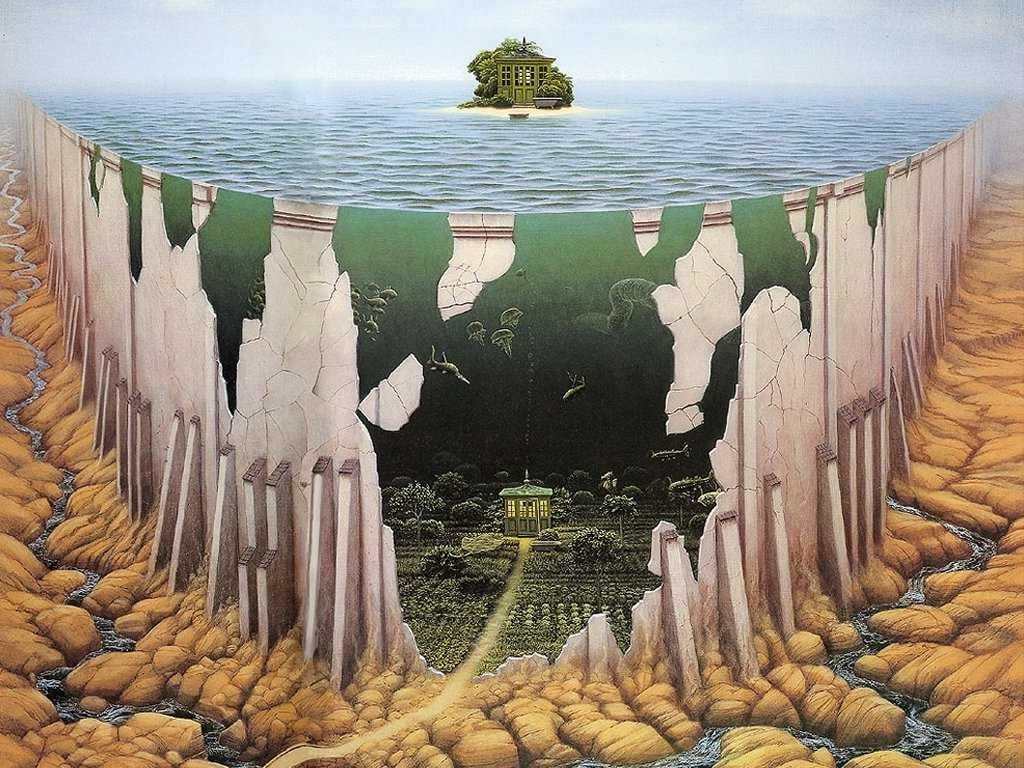 Jacek Yerka, sea, 480P, island, cliff, artwork, HD Wallpaper