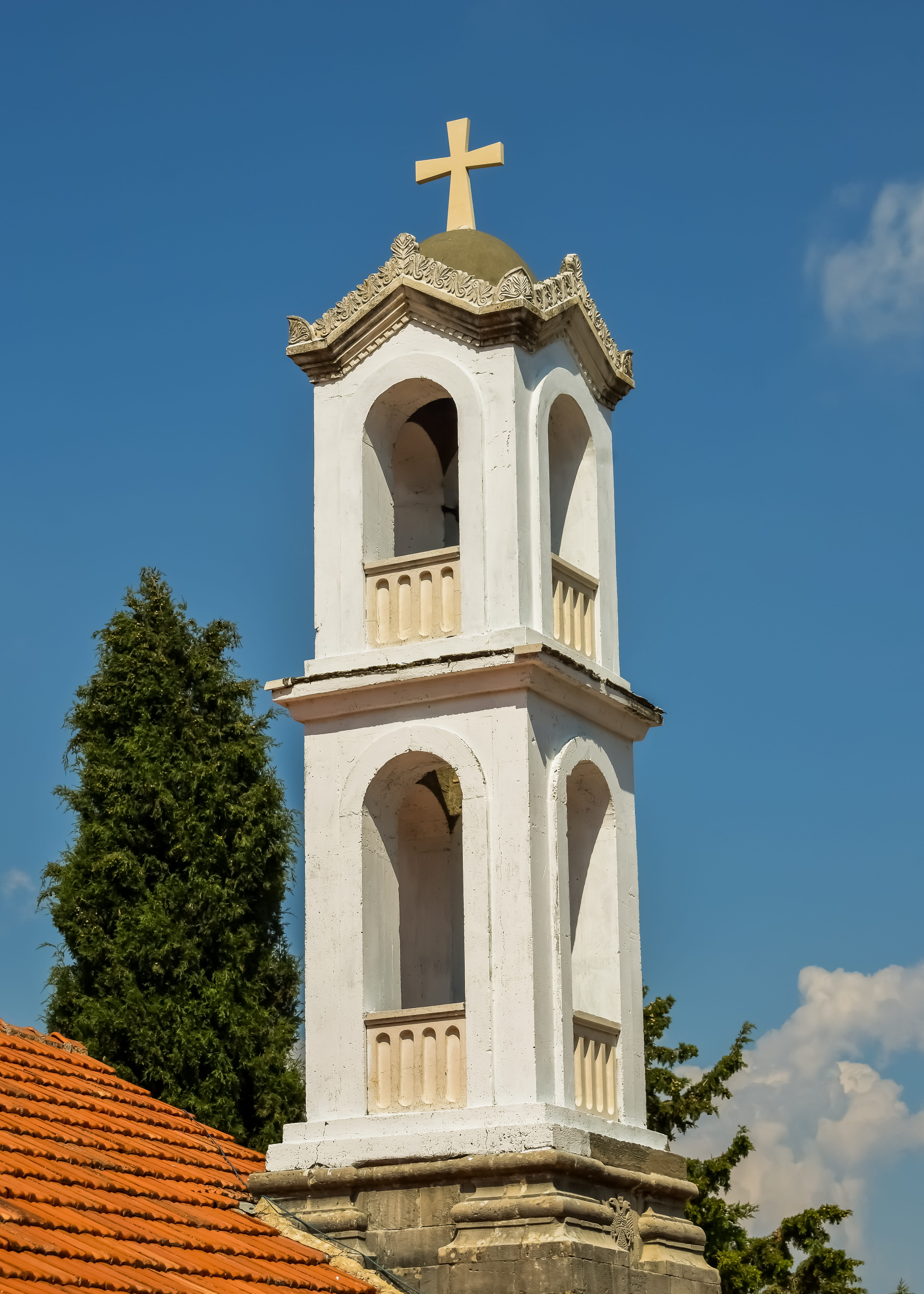 nature, christianity, religion, low angle view, tree, architecture, plant, cyprus, no people, spire, place of worship, 5K, belfry, sky, kilani, cross, Phone HD Wallpaper