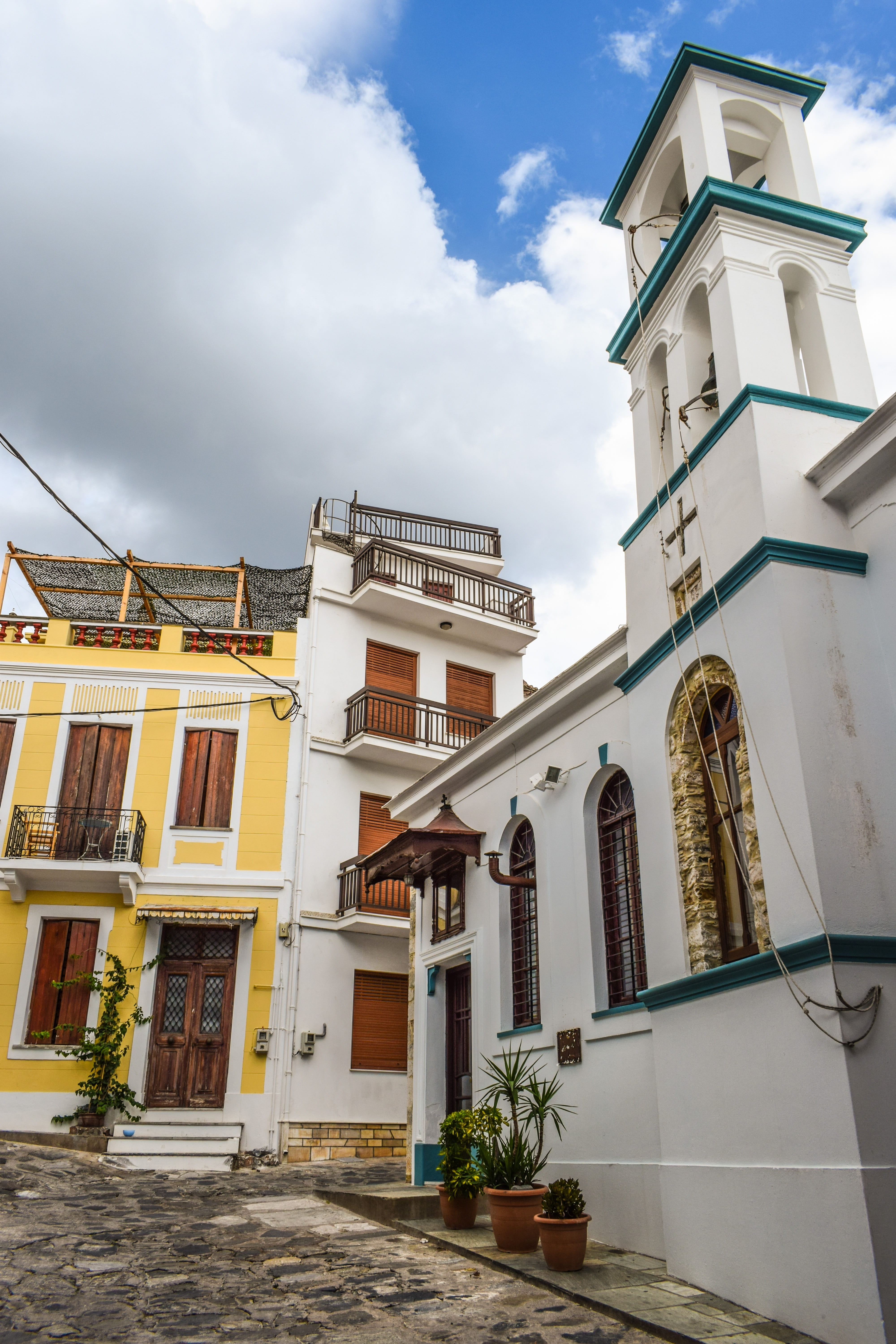church, window, city, tower, architecture, skopelos, day, aegean, entrance, clouds, island, balcony, greece, clock, low angle view, residential district, Phone HD Wallpaper