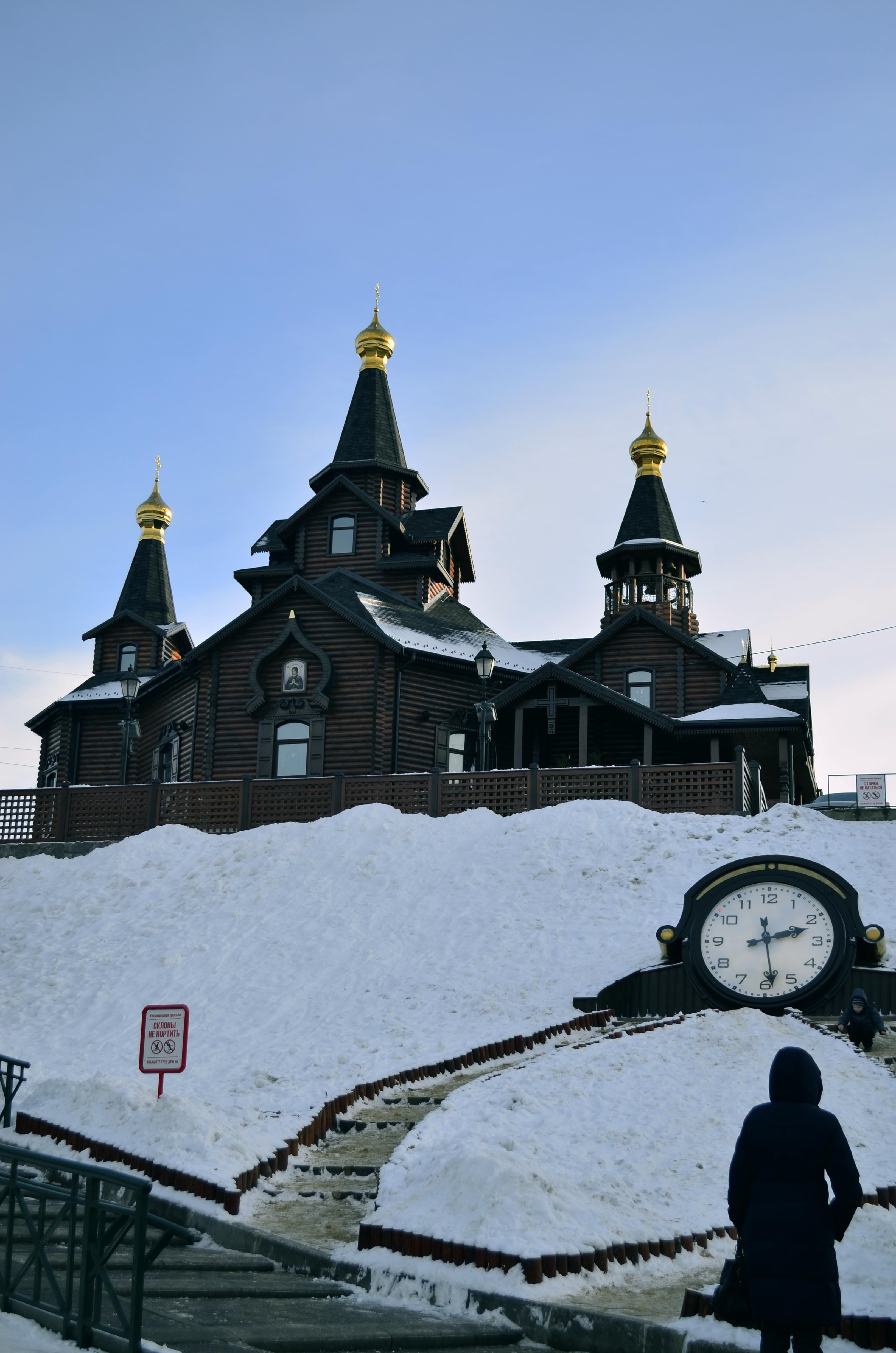 building, clock, no people, spirituality, clear sky, christianity, belfry, belief, tower, church, building exterior, architecture, snow, landscape, time, Phone HD Wallpaper