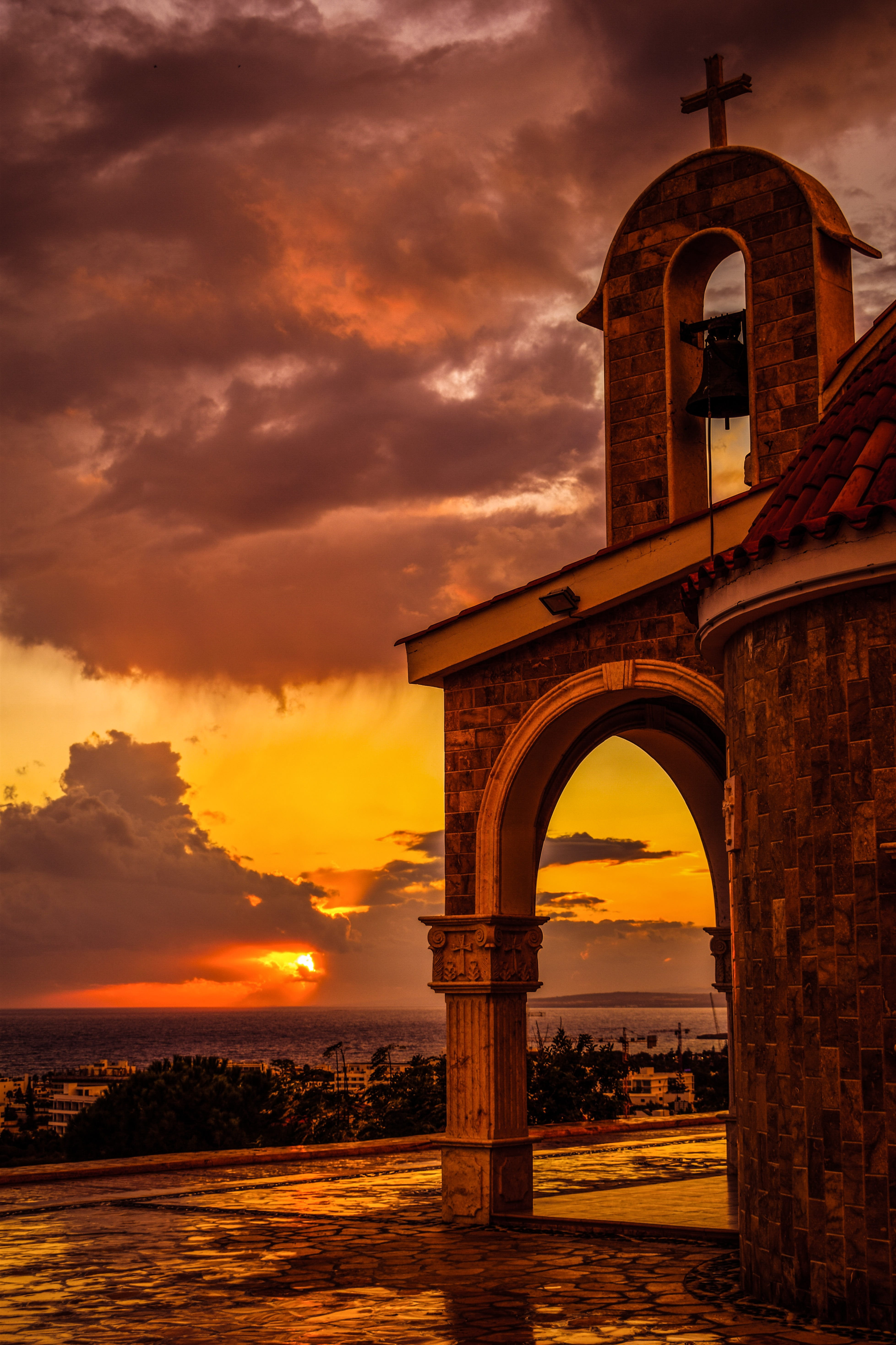 built structure, building exterior, sunlight, water, architecture, chapel, 5K, belfry, gray, light, orange color, outdoors, brick, nature, ayia napa, history, Phone HD Wallpaper