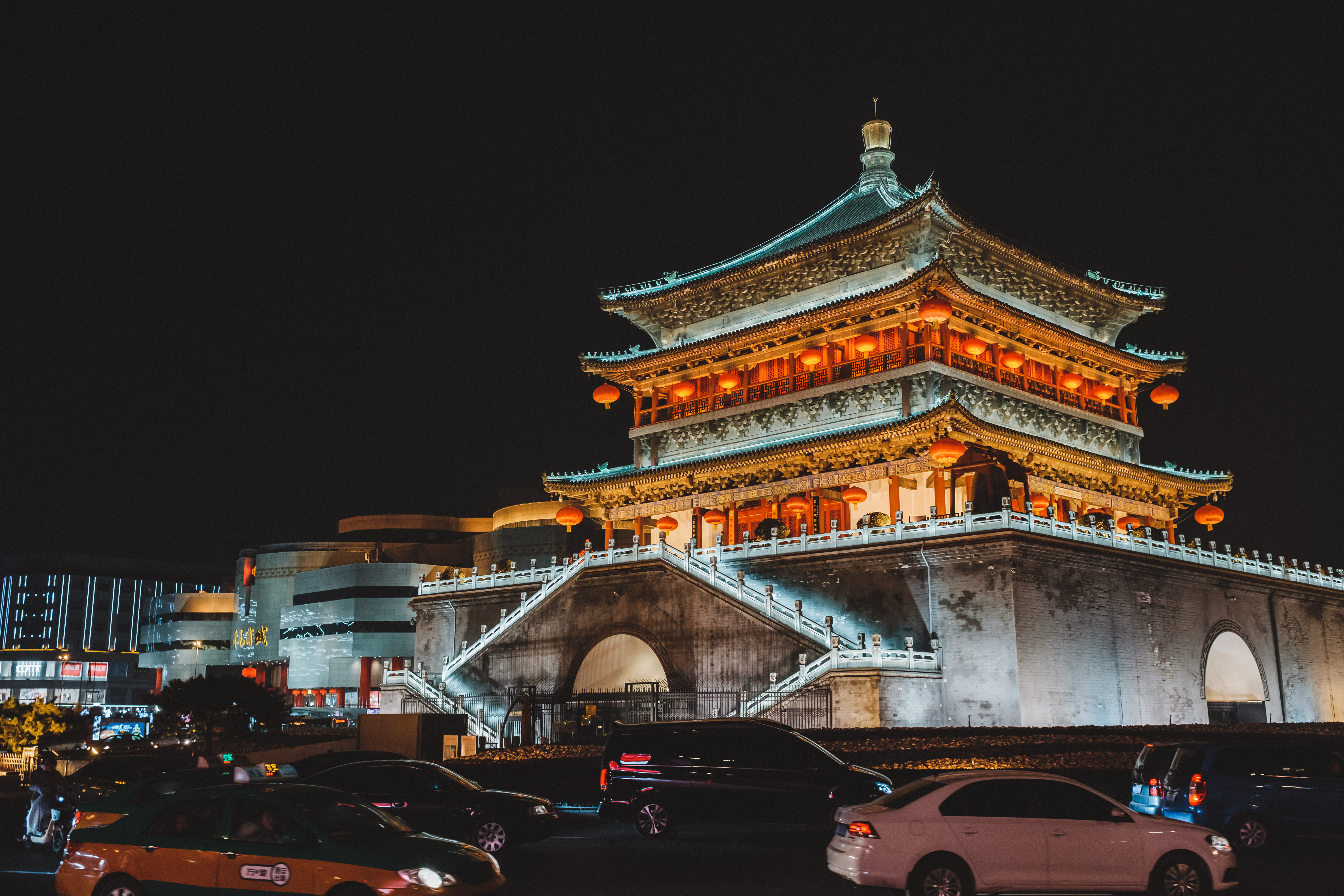 shrine, pagoda, building exterior, human, lighted, city, belfry, outdoors, transportation, temple, the past, 5K, machine, land vehicle, architecture, china, HD Wallpaper