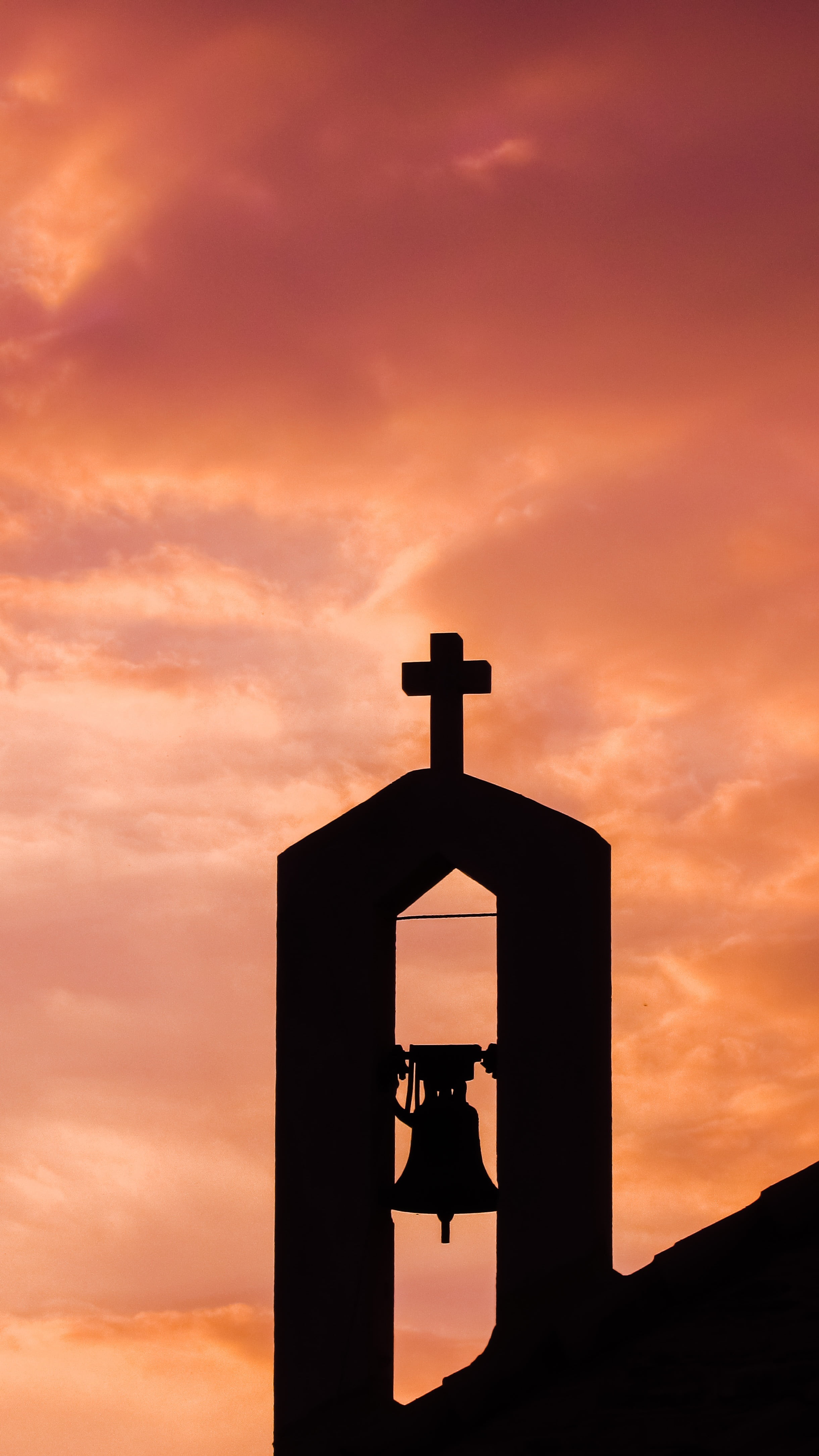 religion, no people, orange color, belfry, place of worship, cyprus, clouds, low angle view, cloud - sky, outdoors, building, sunset, 4K, technology, nature, Phone HD Wallpaper