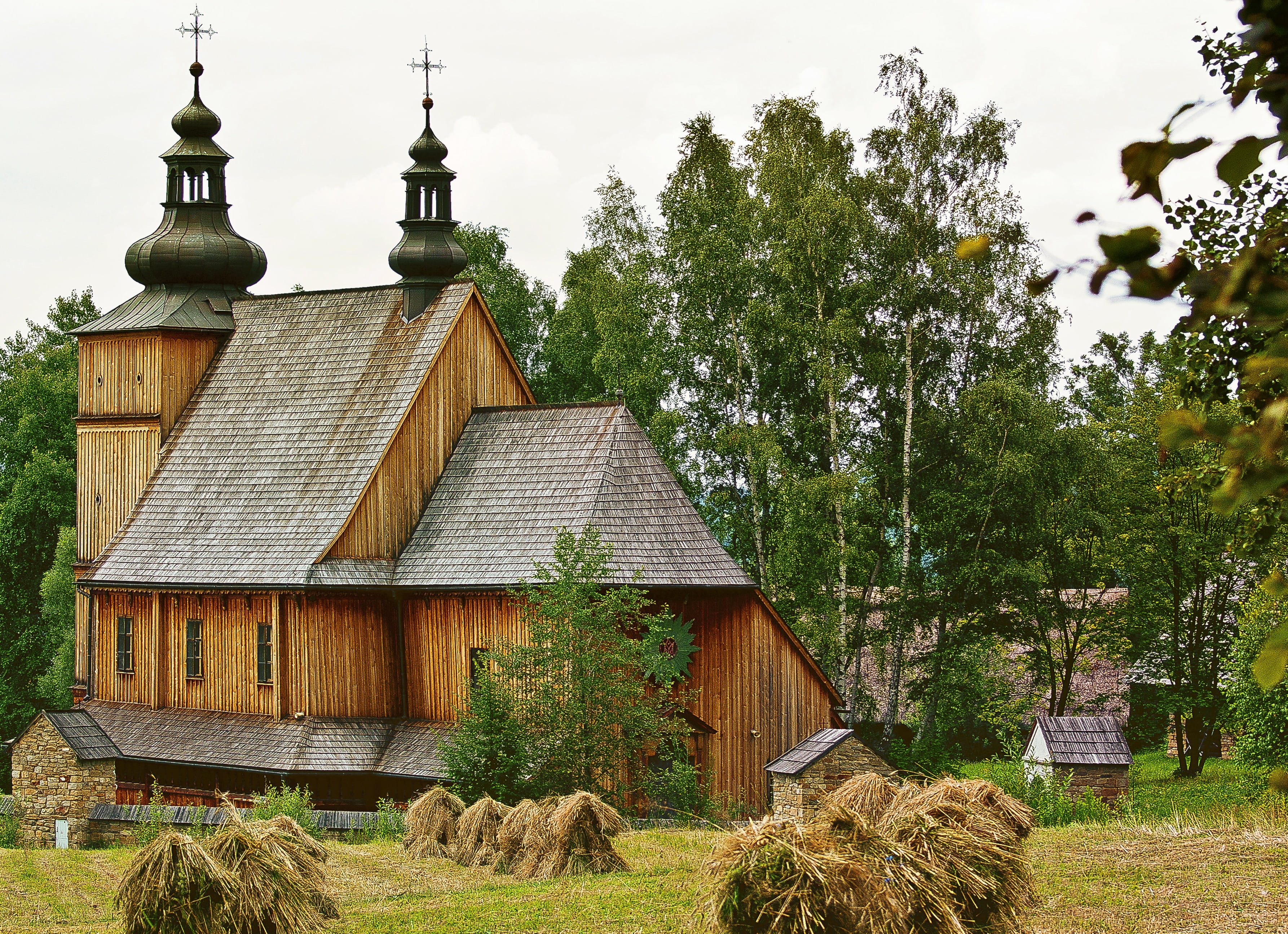 no people, old village, towers, old, herbivorous, domestic animals, 2K, tree, poland, gray, church, cops, built structure, architecture, building, history, HD Wallpaper