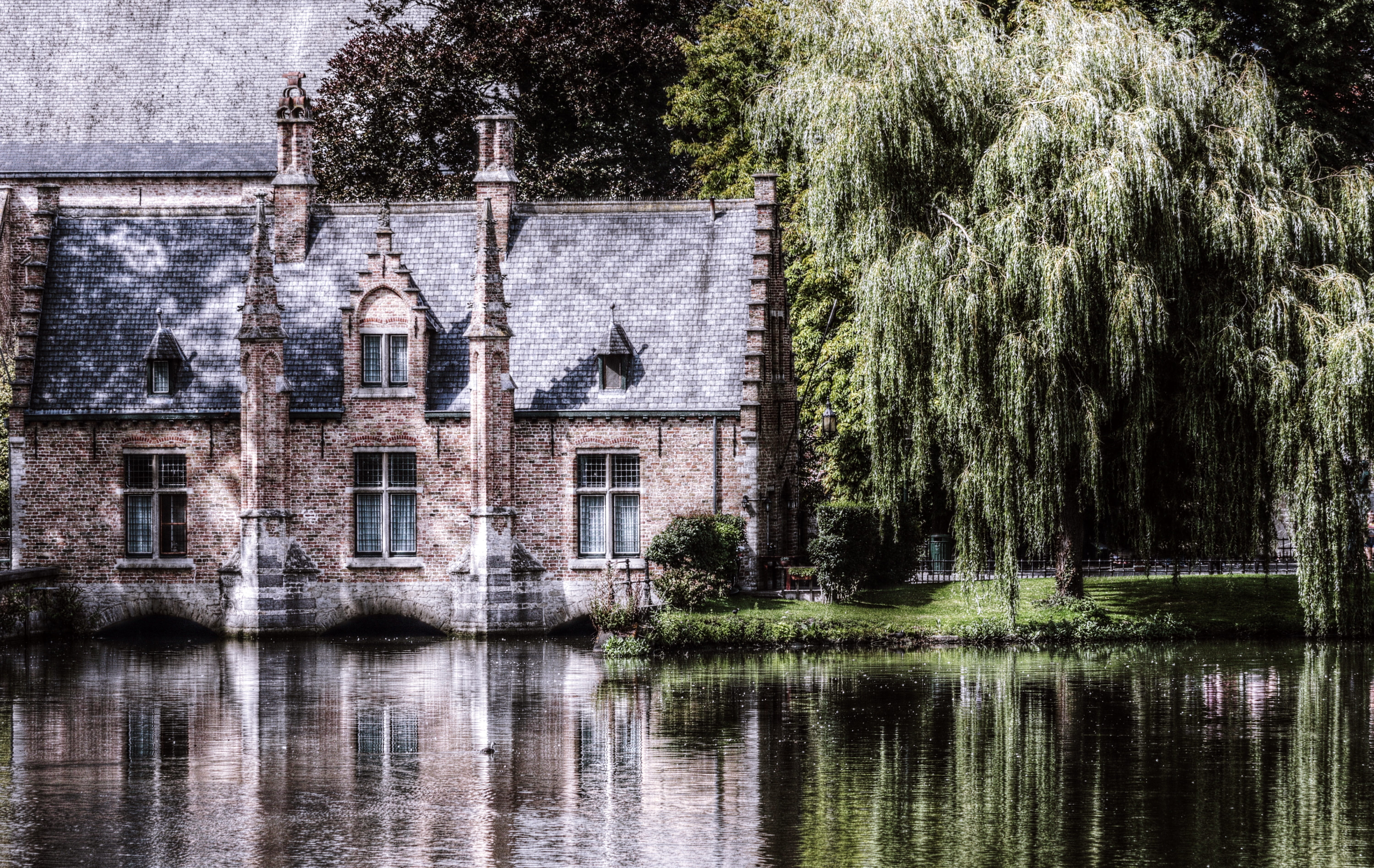 belgium, building, gray, built structure, no people, window, nature, tree, reflection, the venice of the north, idyllic, lake, stone wall, building exterior, HD Wallpaper