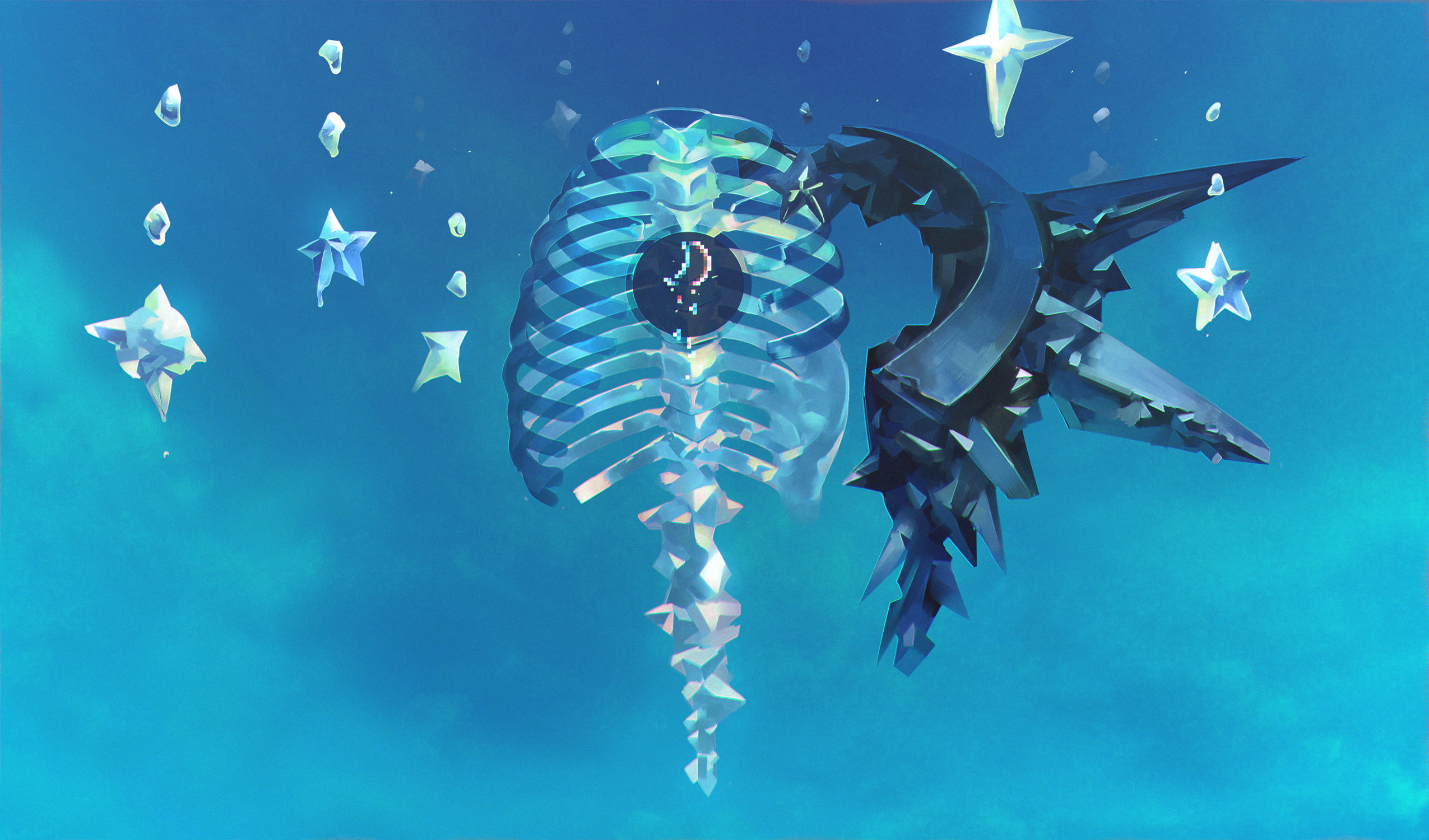blue background, flying, animal wildlife, animal themes, undersea, artwork, swimming, water, 1080P, sky, sea life, sea, vertebrate, animals in the wild, HD Wallpaper