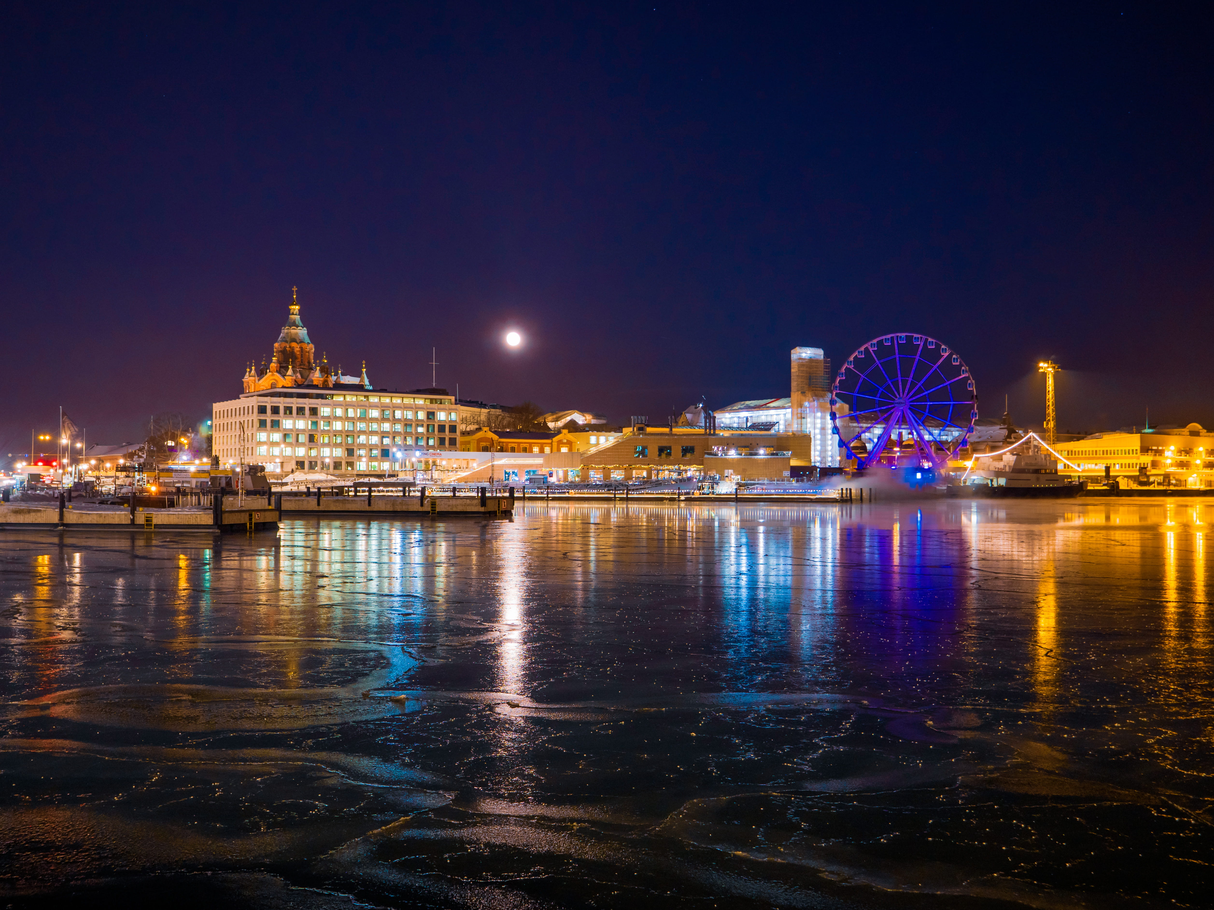 river, port, illuminated, outdoors, no people, transportation, building, reflection, pier, cityscape, architecture, sky, ice, helsinki, full moon, harbor, HD Wallpaper