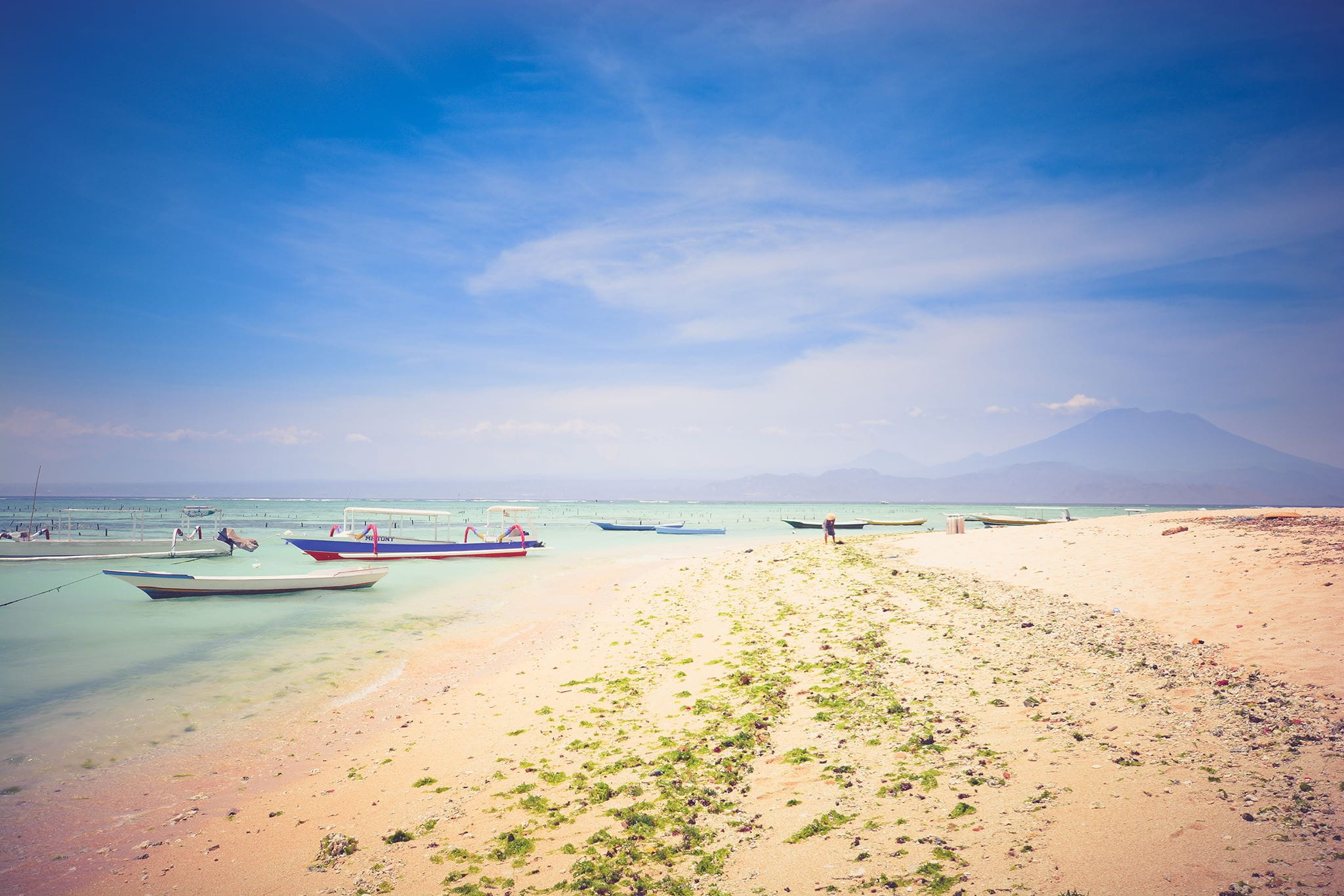 water, sea, mode of transportation, boat, tranquility, sky, land, lembongan island, nautical vessel, mountain, indonesia, nature, seaweed, transportation, HD Wallpaper