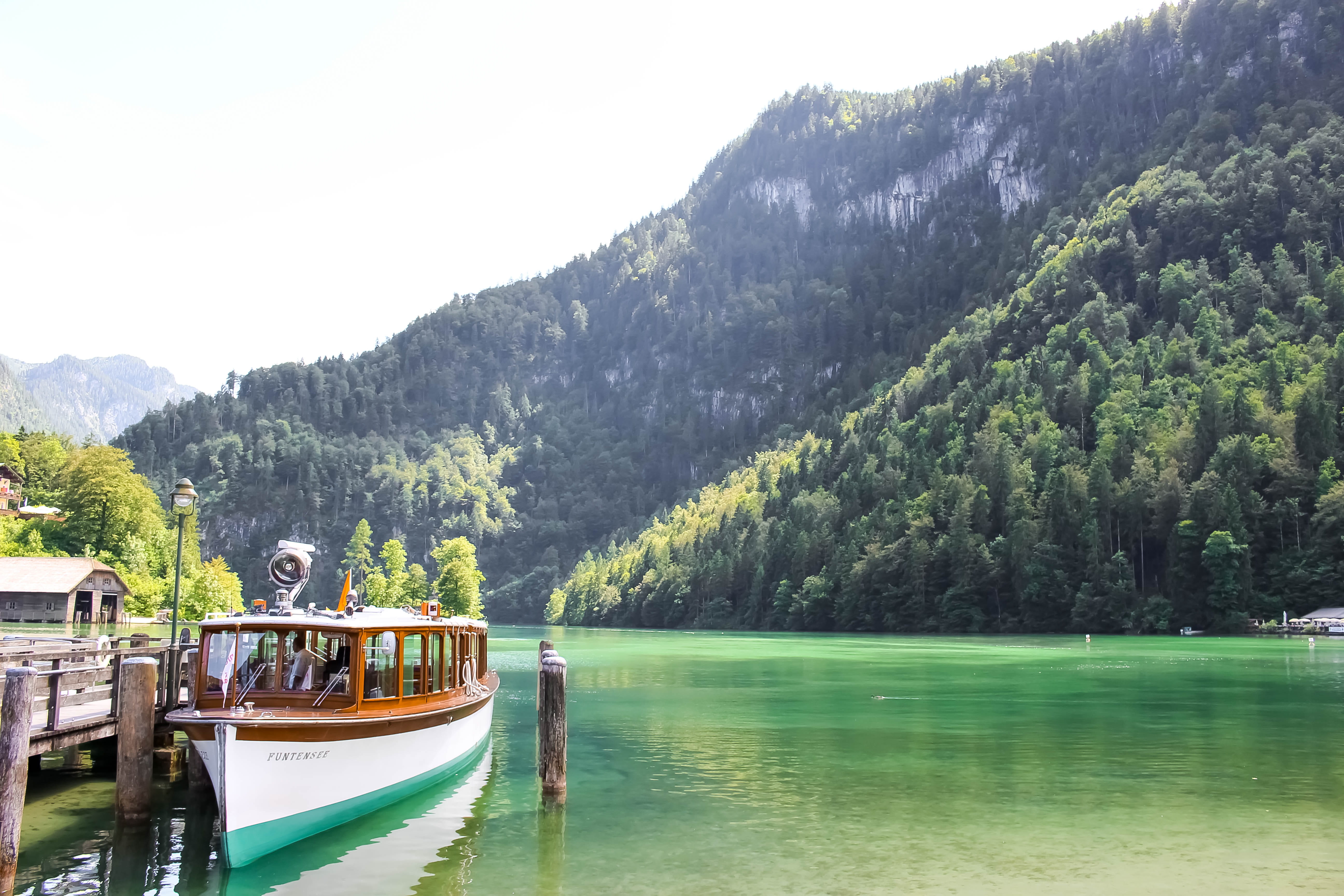 5K, plant, boat, germany, day, königssee, non-urban scene, outdoors, travel, trees, nautical vessel, scenics - nature, forest, beauty in nature, mountain range, HD Wallpaper