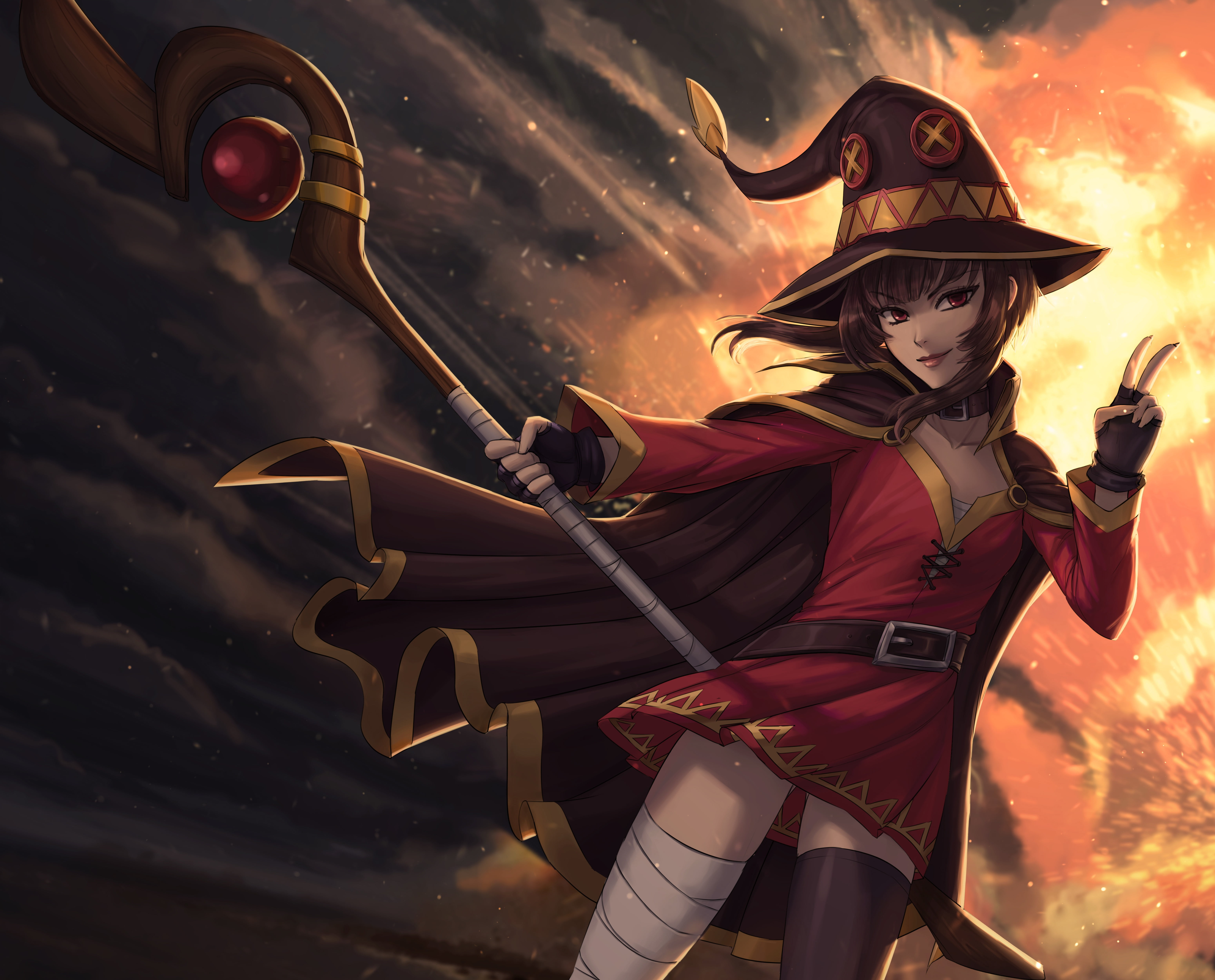 Staff, Hat, Red Eyes, Anime, Megumin (KonoSuba), Brown Hair, Girl, 5K, KonoSuba – God’s blessing on this wonderful world!!, HD Wallpaper