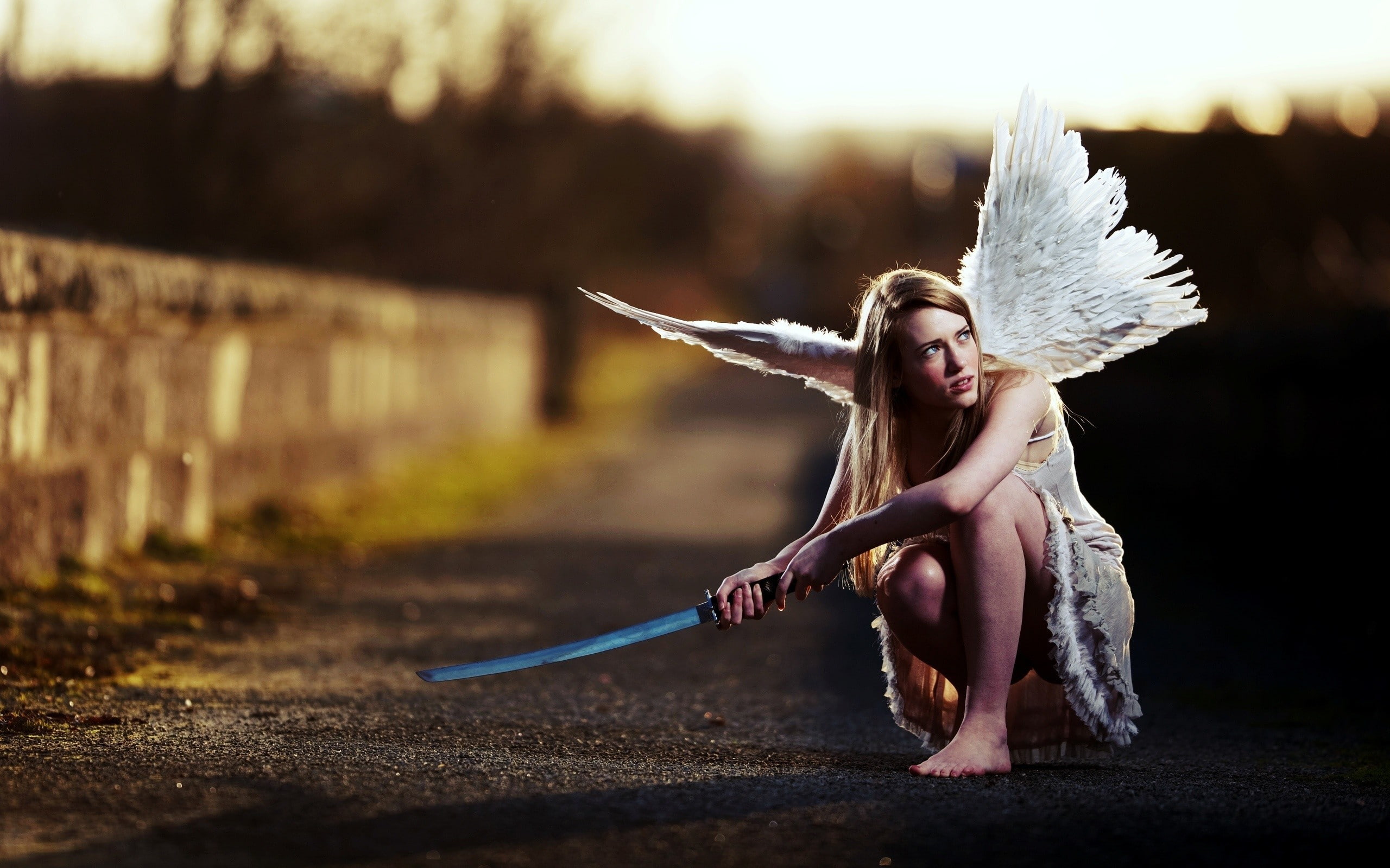 full length, outdoors, focus on foreground, human arm, animal body part, sword, females, angel wings, barefoot, blonde, angel, headdress, nature, one person, HD Wallpaper