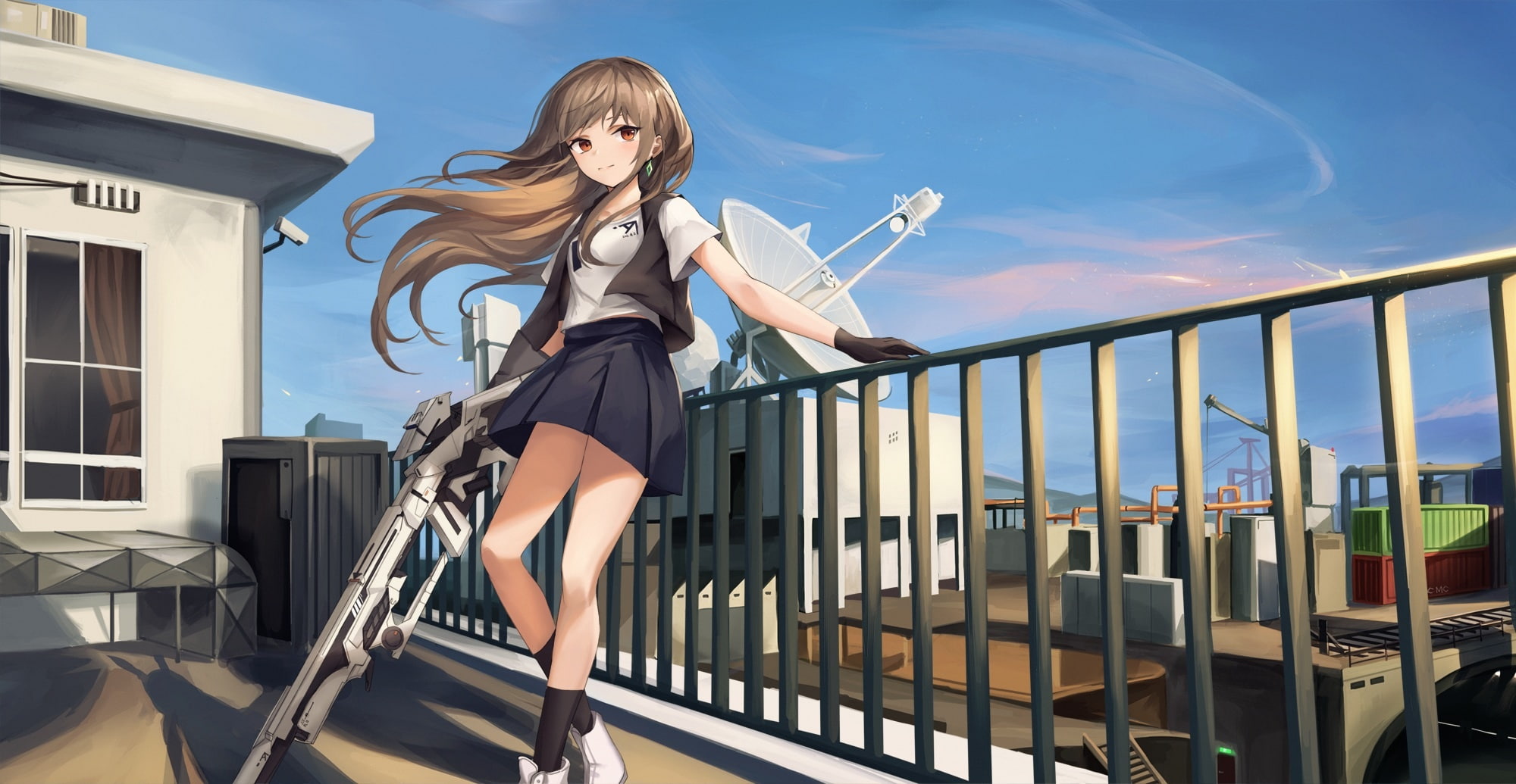 brown, original, konachan, com, weapon, gloves, city, hair, building, eyes, stairs, kneehighs, eruthika, sky, rooftop, skirt, 251381, gun, long, red, 1080P, HD Wallpaper