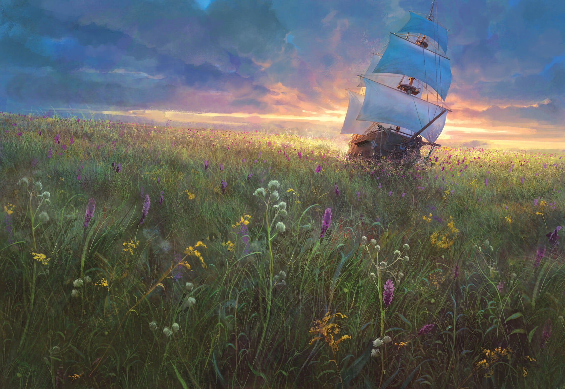 plants, 1080P, nature, Marc Simonetti, ship, fantasy art, artwork, flowers, HD Wallpaper
