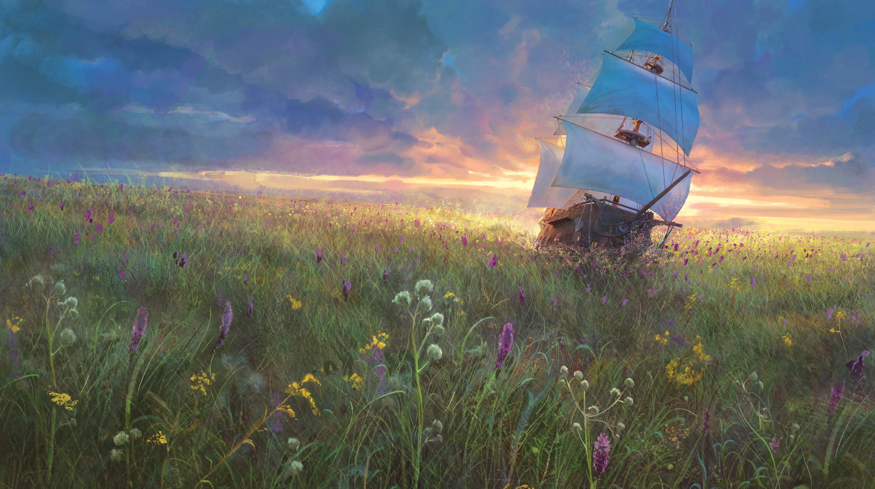 landscape, digital art, fantasy art, sailing ship, 2K, sunset, Marc Simonetti, sky, HD Wallpaper
