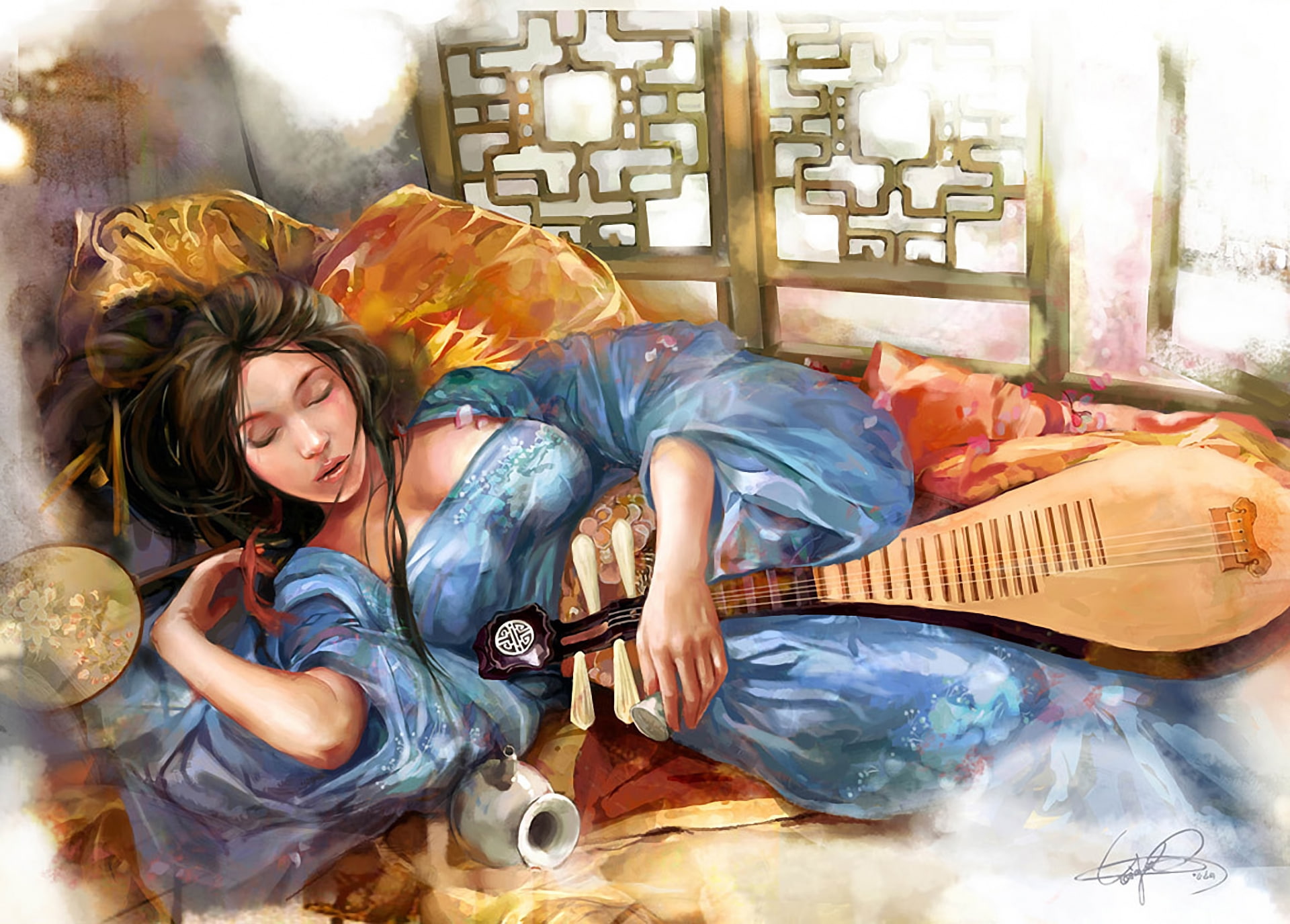 sake, 1080P, lute, bed, fan, sleeping, vikiey, figure, girl, HD Wallpaper
