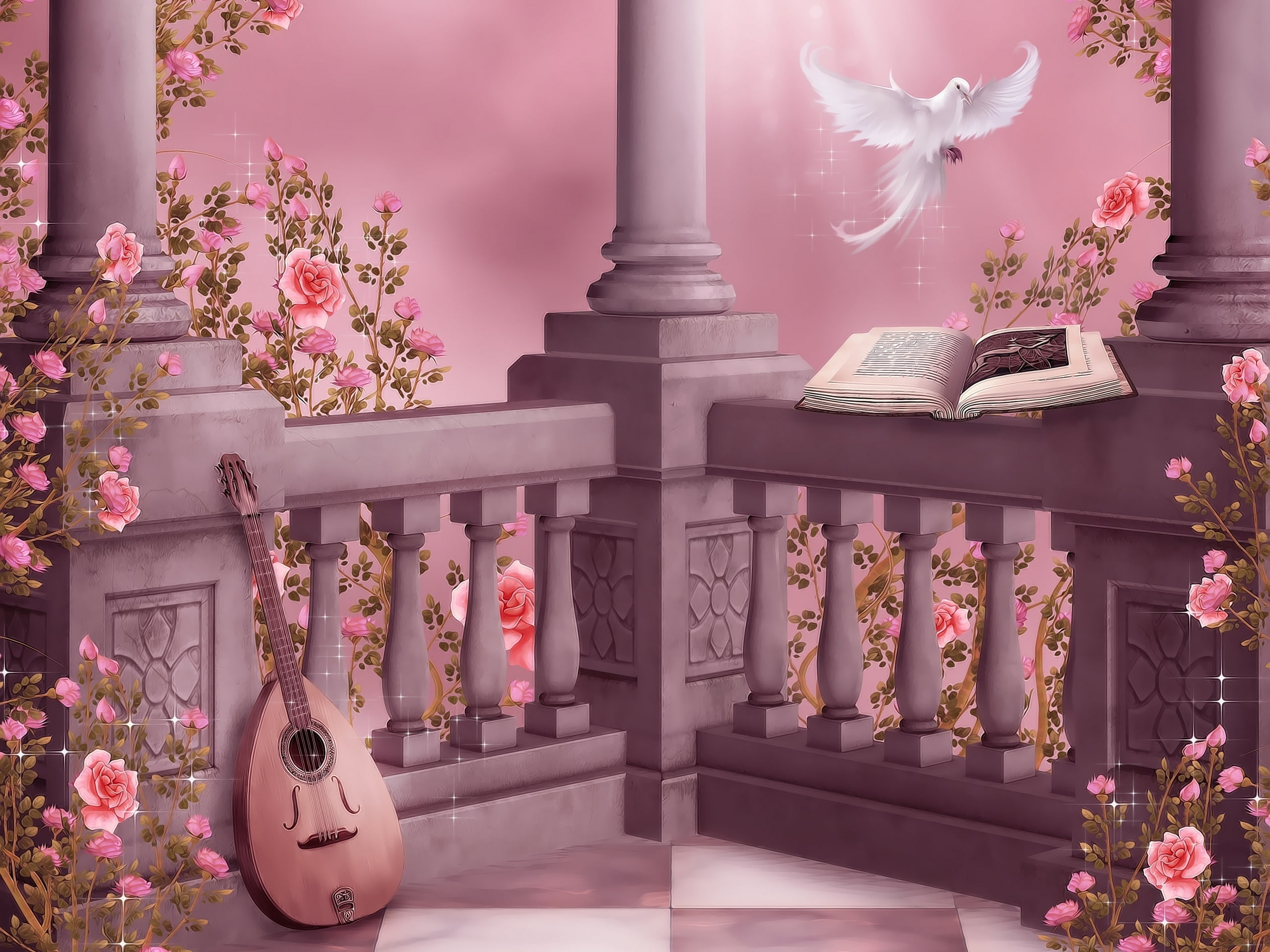 brown, flowers, lute, belief, decoration, book, flower, nature, garland, plant, architecture, architectural column, shelf, guitar, floral pattern, garlands, HD Wallpaper