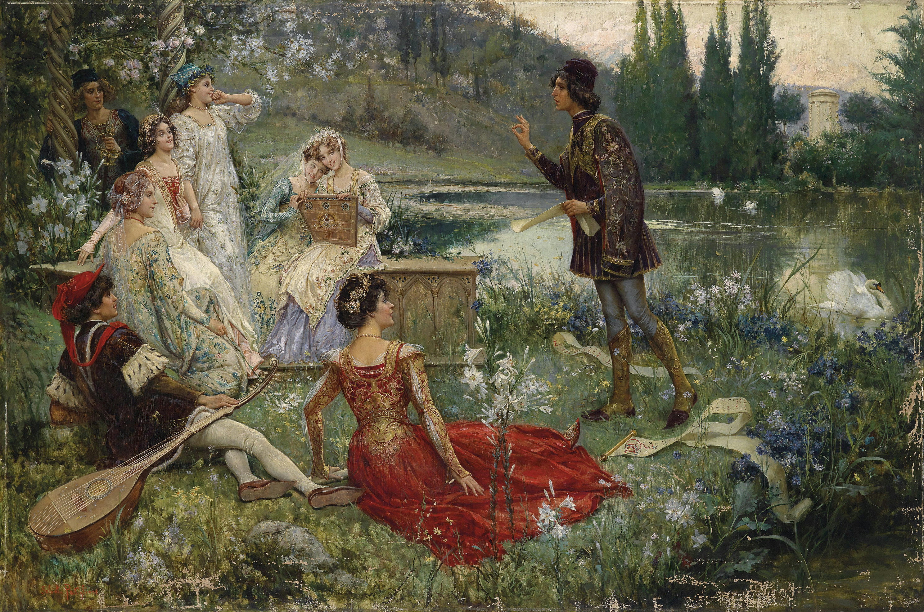 sculpture, plant, art, tree, group of animals, minstrel, painting, riverside, nature, people, landscape, full length, gentlemen, human representation, women, HD Wallpaper