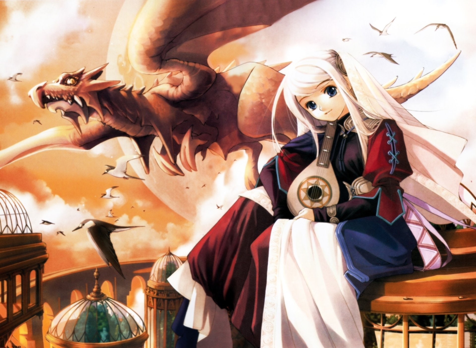 Blonde, Lute, Anime, 1080P, Long Hair, Smile, Original, Dragon, Blue Eyes, HD Wallpaper