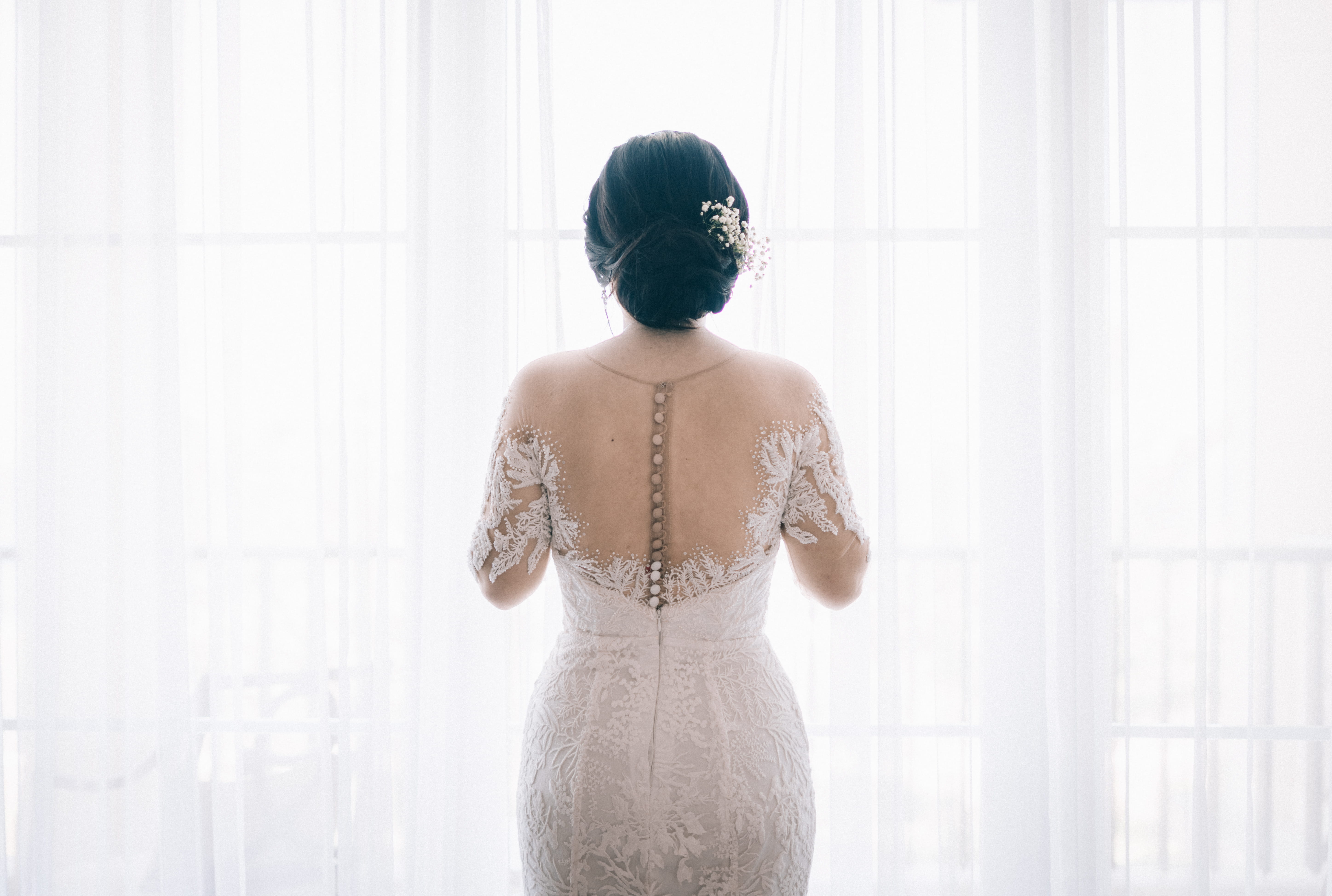 women, waist up, wedding, white dress, gown, person, three quarter length, clothing, wear, woman, 5K, window, wearing, hair, pose, white, daytime, near, HD Wallpaper