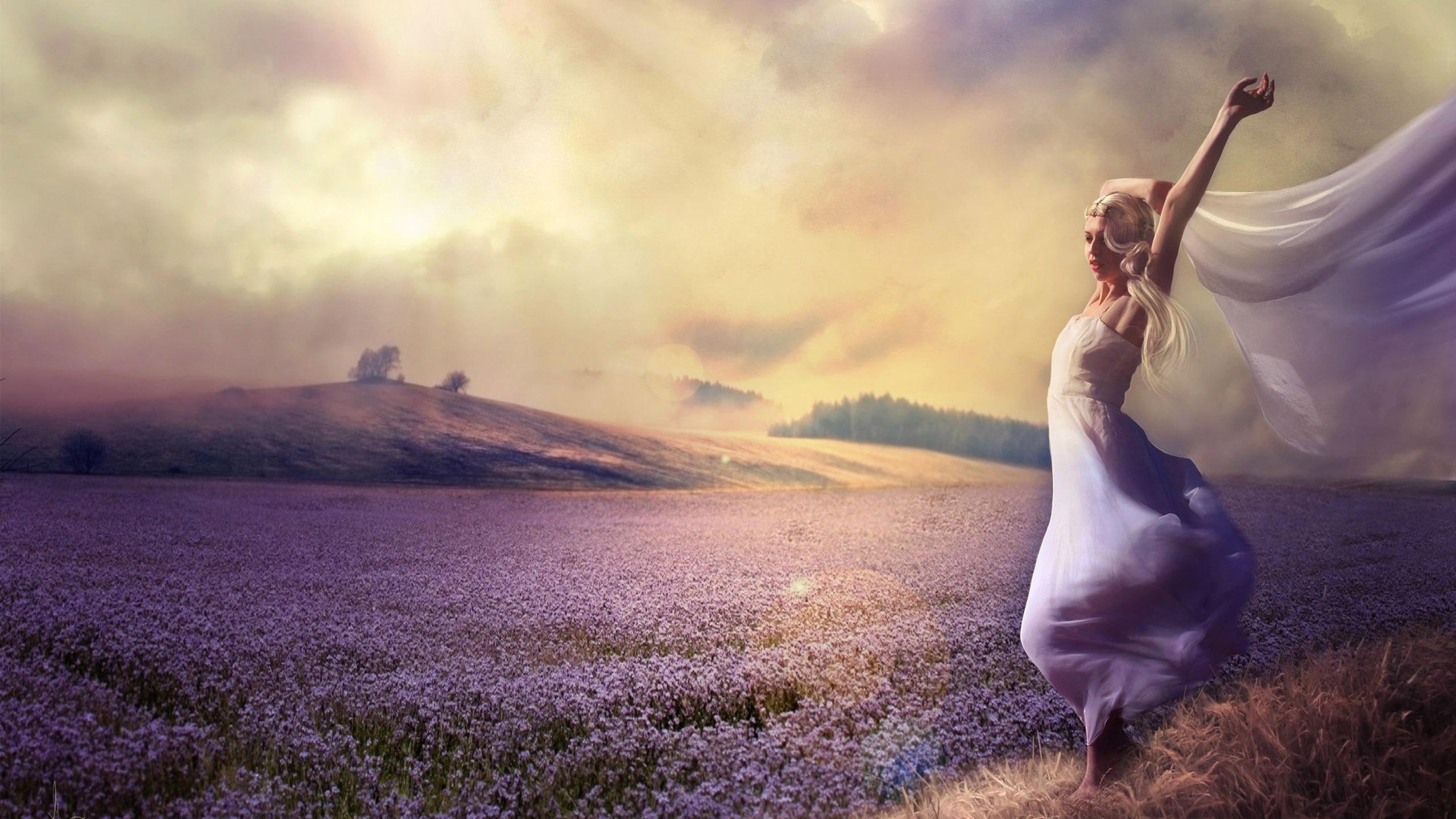purple, wedding, cloud, field, gown, women, woman, white, digital art, 2560x1440, s, lavender, 2K, girl, HD Wallpaper