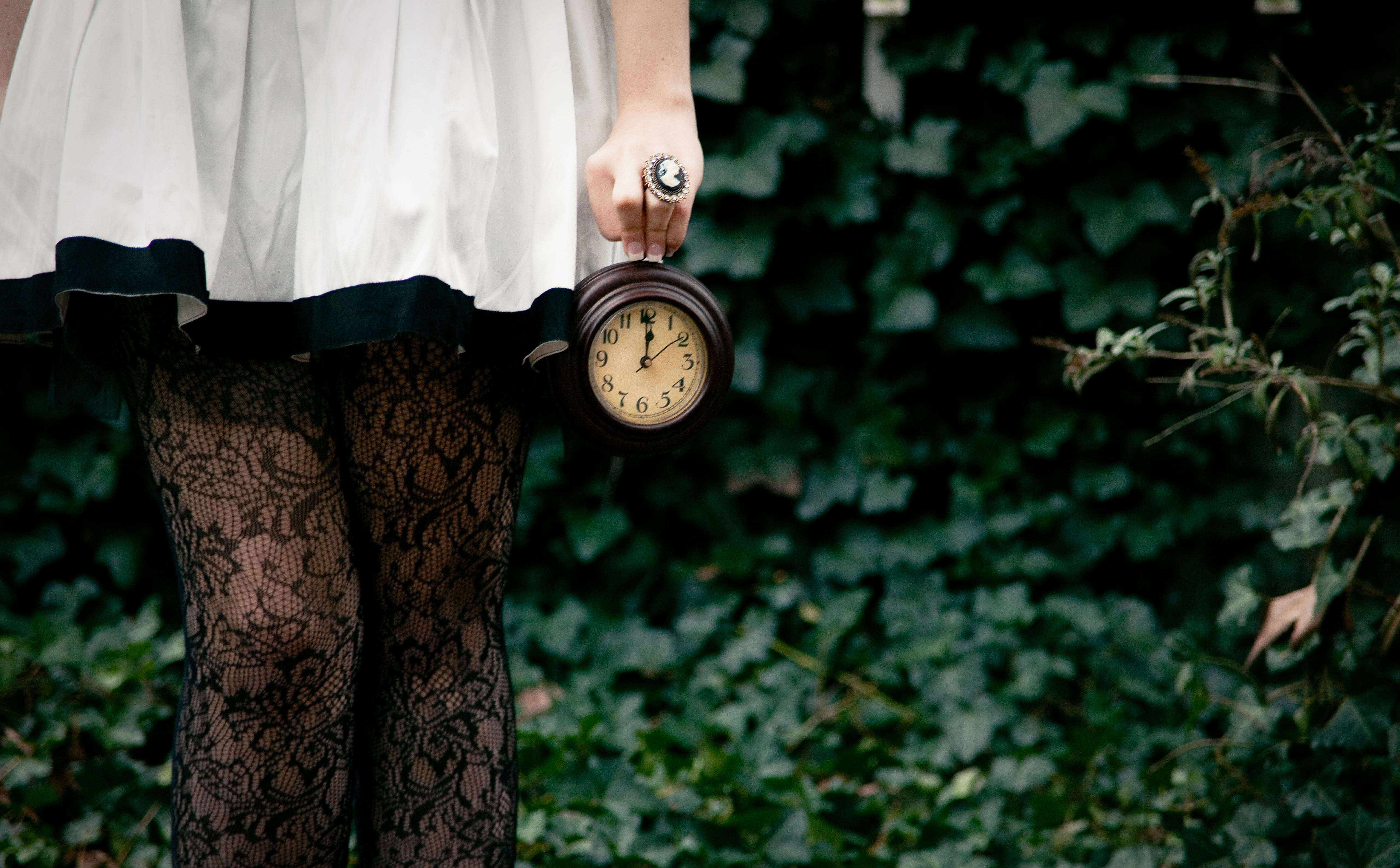 say, clock face, Textured, black, women, tights, front view, one person, No Time, tree, Hurry, whimsical, antique, frilly, adult, Callie Ramsay, The White Rabbit, HD Wallpaper