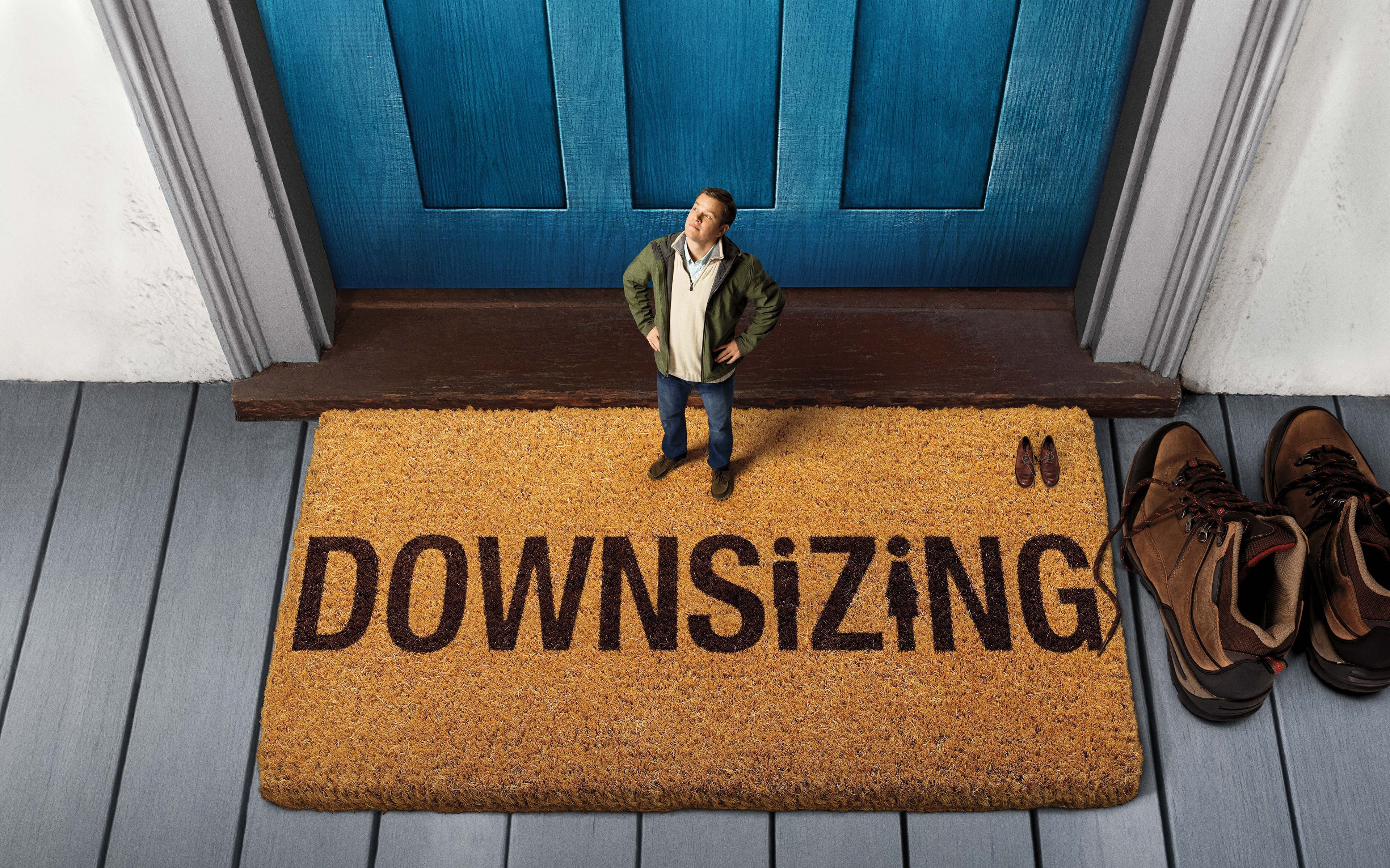 young adult, movie, door, sign, downsizing, text, poster, western script, finance, casual clothing, unemployment, one person, 4K, entrance, full length, HD Wallpaper