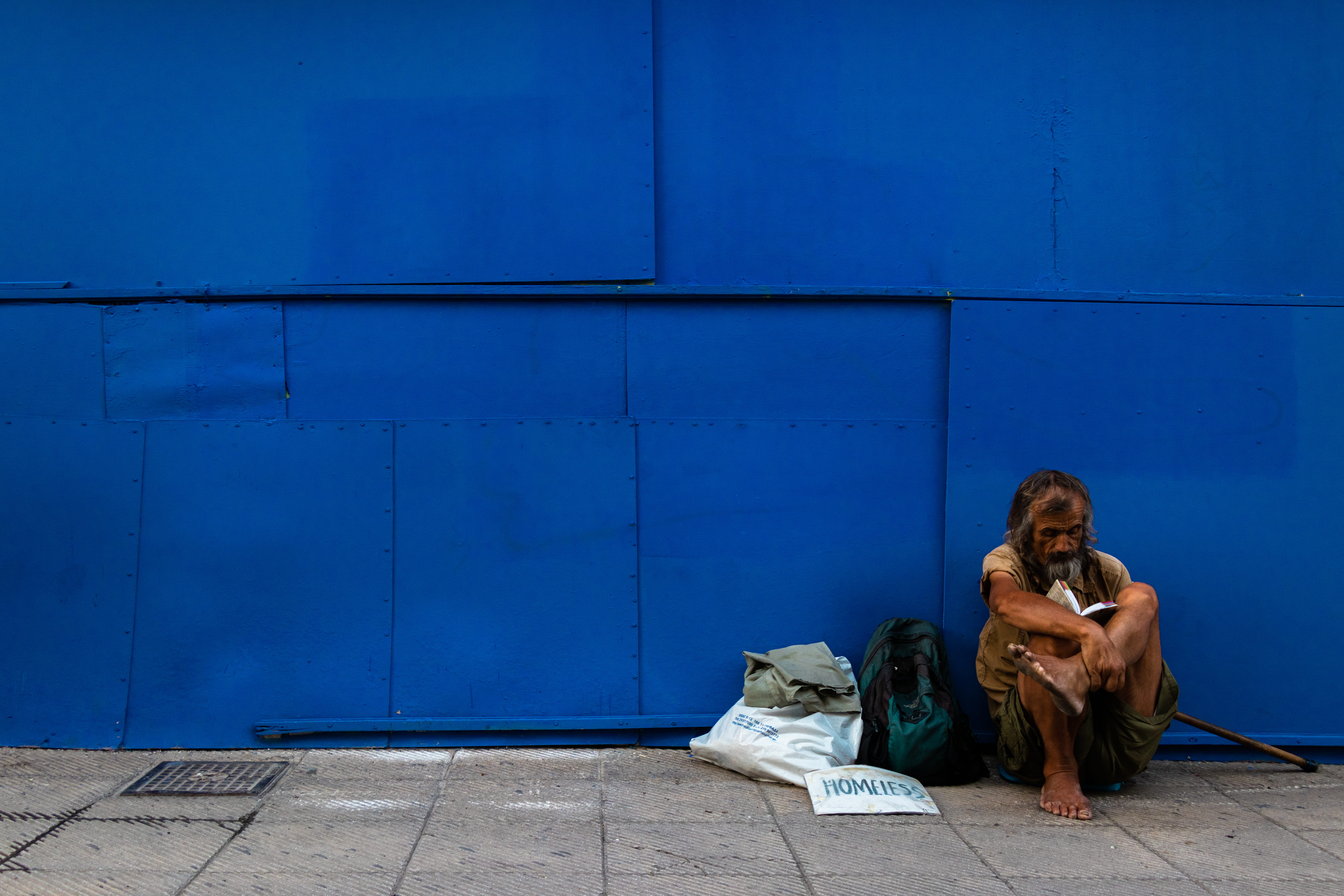 wall, full length, emotion, wall - building feature, adult, sitting, urban, man, sadness, person, one person, near, homeless, city, white, gloomy, 5K, HD Wallpaper