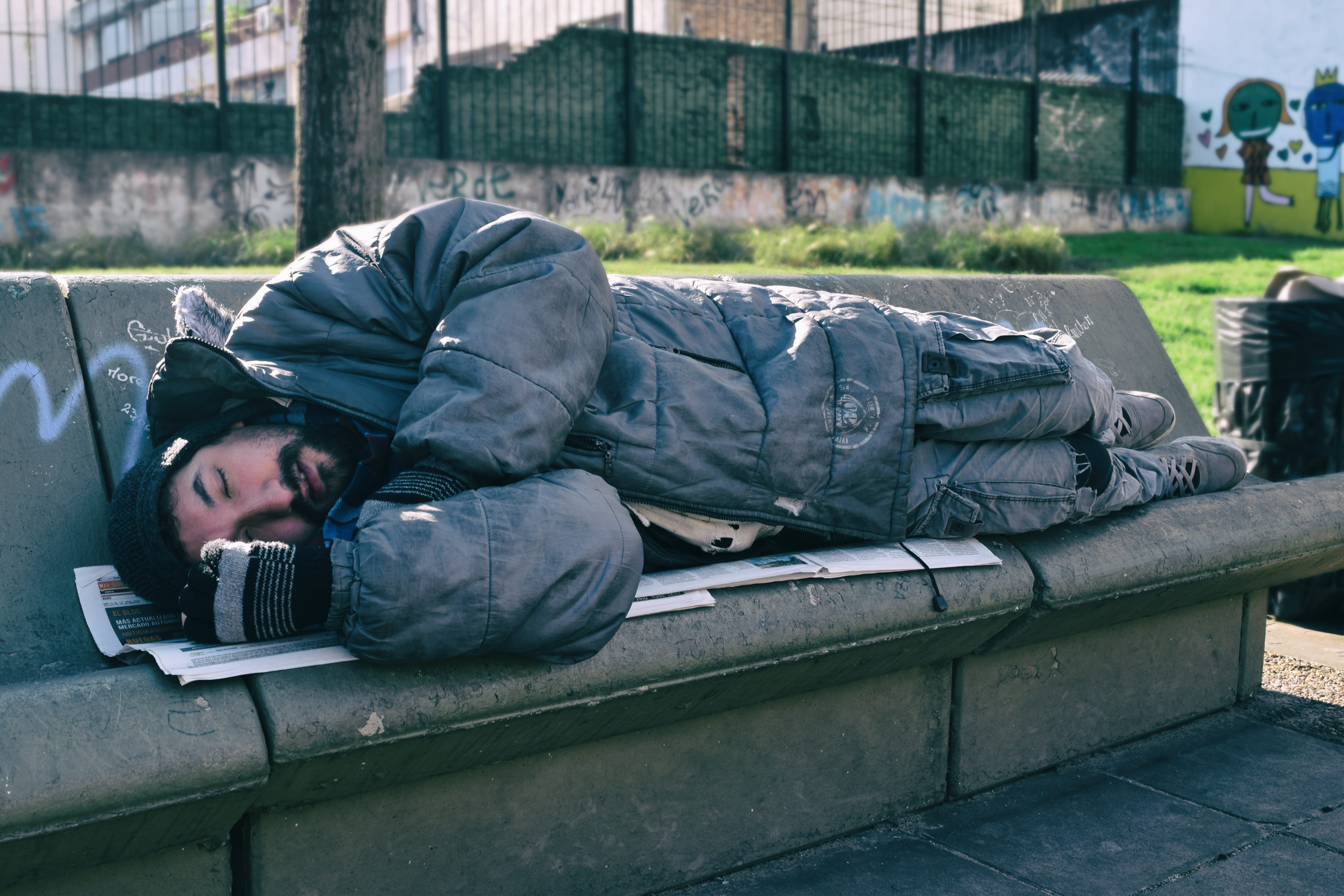 unemployment, hopelessness, relaxation, young adult, social issues, men, built structure, city, eyes closed, sleeping, man, 5K, real people, lying down, HD Wallpaper