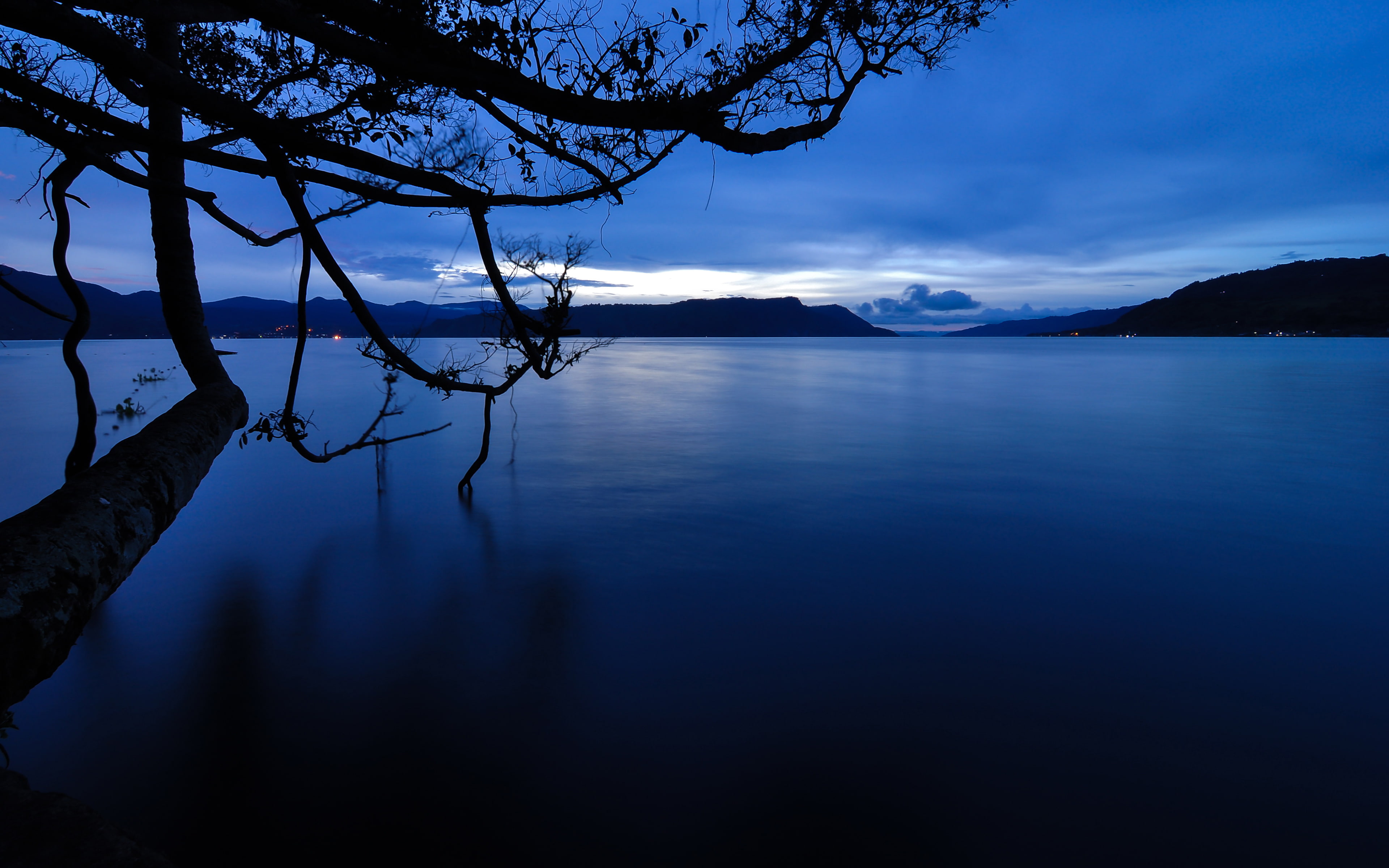 silhouette, nature, indonesia, laketoba, sky, mountain, photography, blue, dawn, lakes, reflection, waterfront, long‑exposure, scenics - nature, darkblue, HD Wallpaper