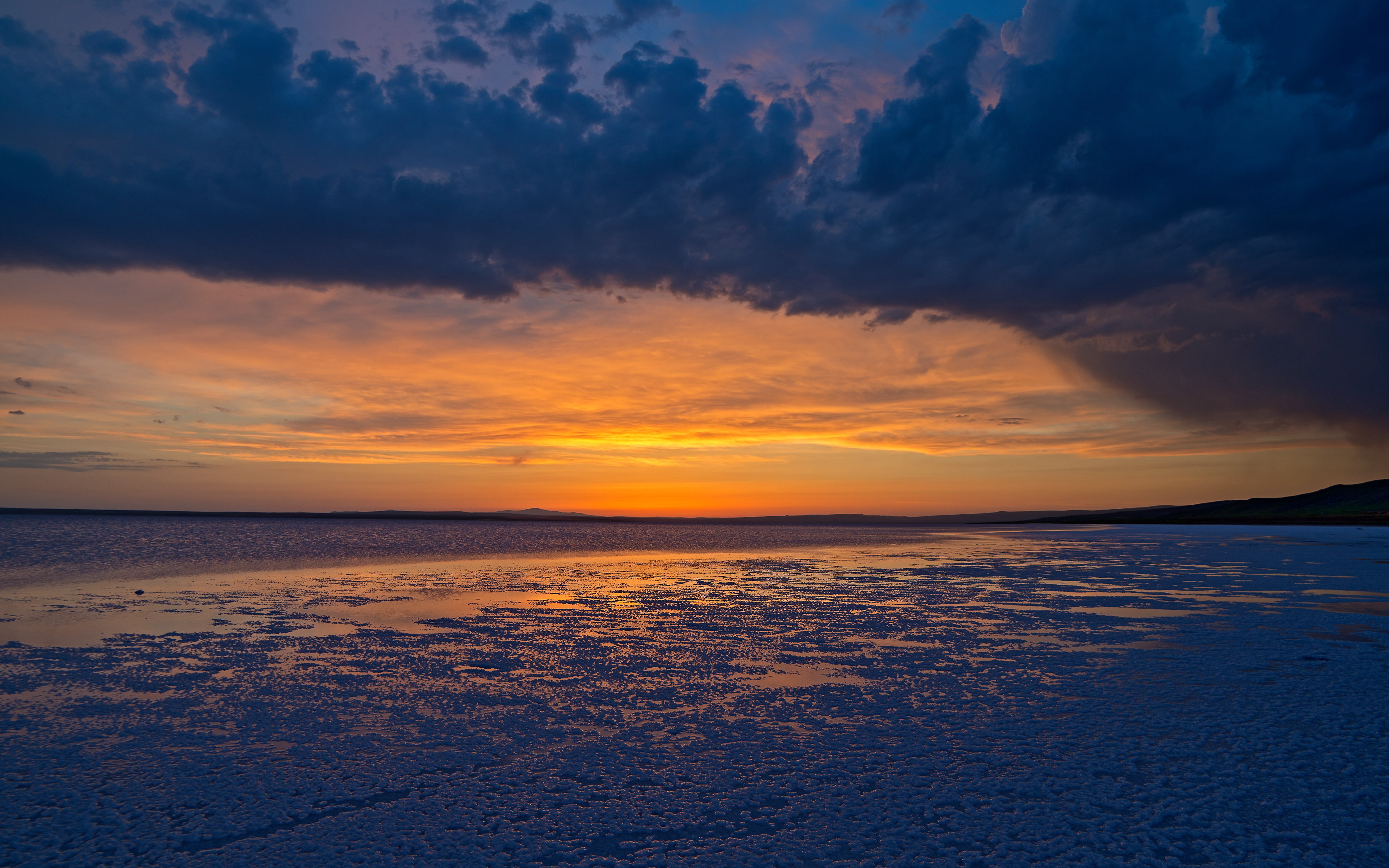 salt, darkblue, clouds, lake, sky, laketuz, sunset, nature, photography, 4K, blue, orange, landscape, turkey, HD Wallpaper