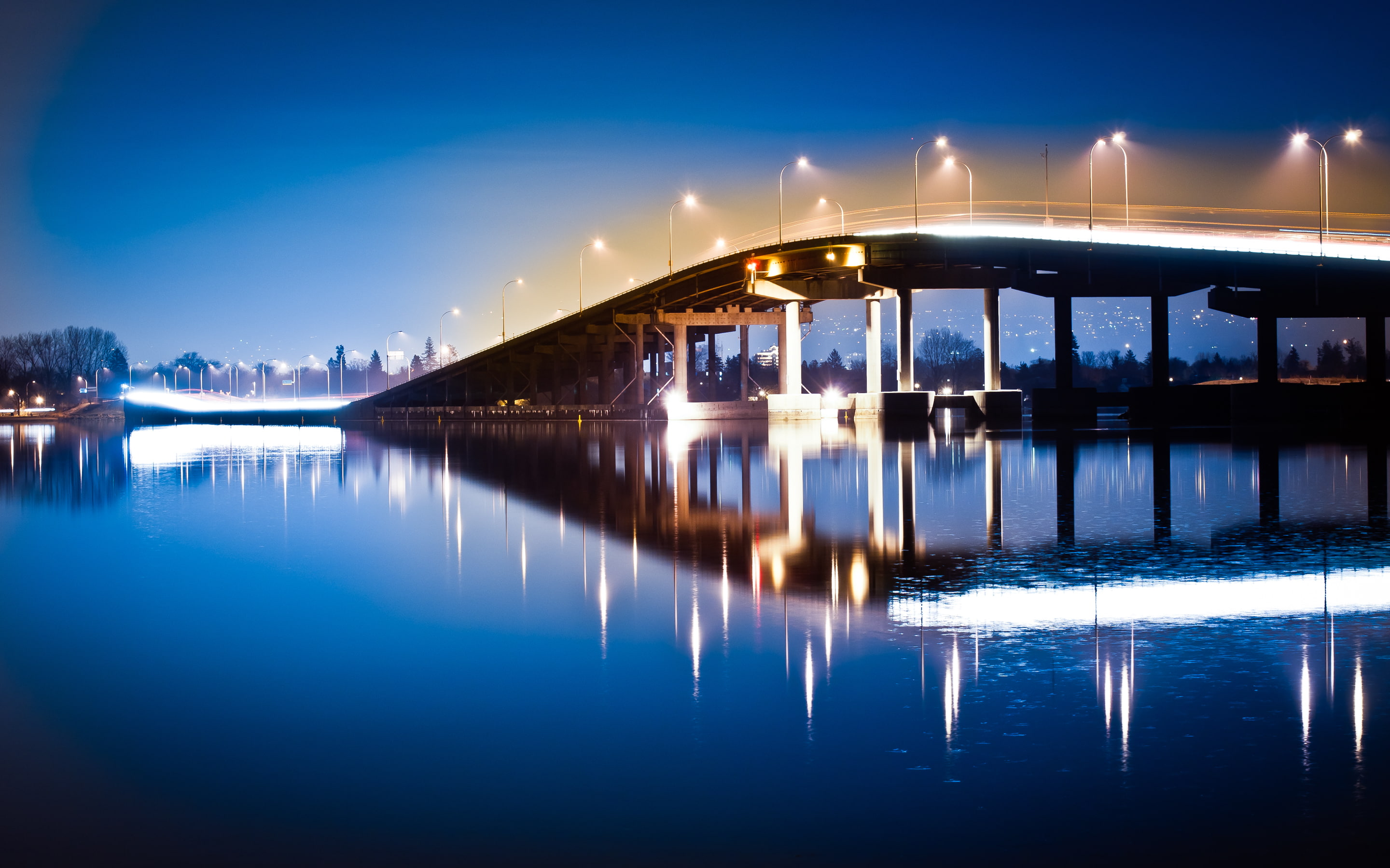 britishcolumbia, photography, longexposure, lights, water, kelownabritishcolumbia, nikond300, night, blue, 2K, darkblue, transportation, influx, nikon, HD Wallpaper