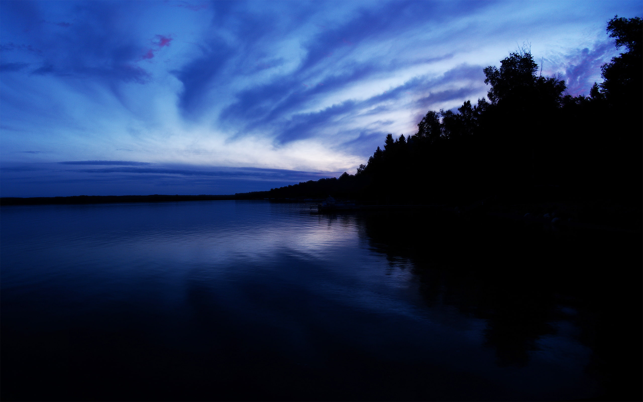 nature, sky, 2K, reflections, seascape, sunset, water, lakes, photography, blue, silhouette, darkblue, minnesota, sugarlake, HD Wallpaper