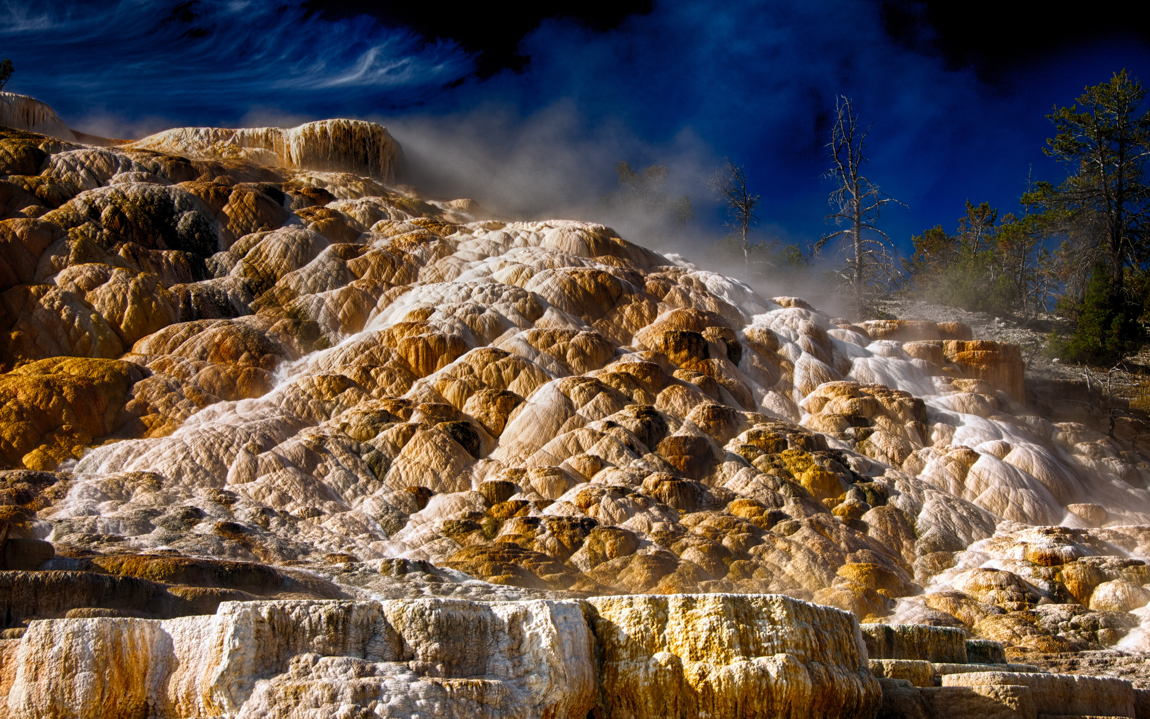 darkblue, yellowstonenationalpark, 4K, brown, photography, yellowstone, wyoming, landscape, blue, travertine, springs, mammoth, landmarks, highdynamicrange, HD Wallpaper