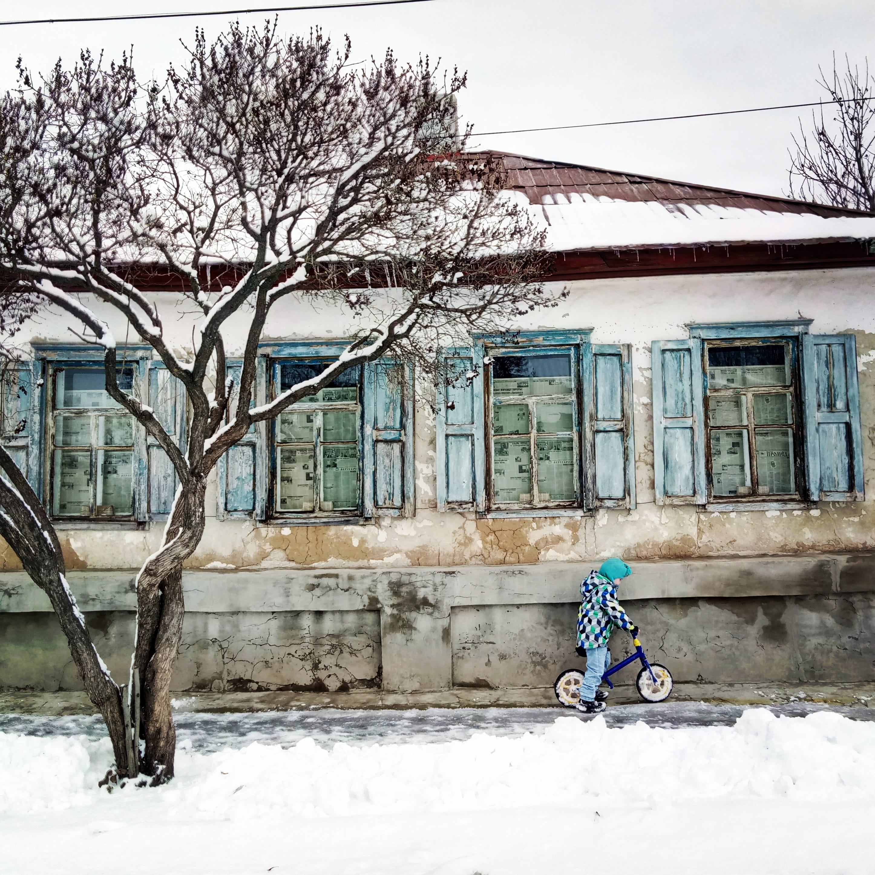 snow, countryside, Winter, transportation, residential district, building exterior, window, outdoors, Village, tree, ukraine, Childhood, Boys, nature, day, Phone HD Wallpaper