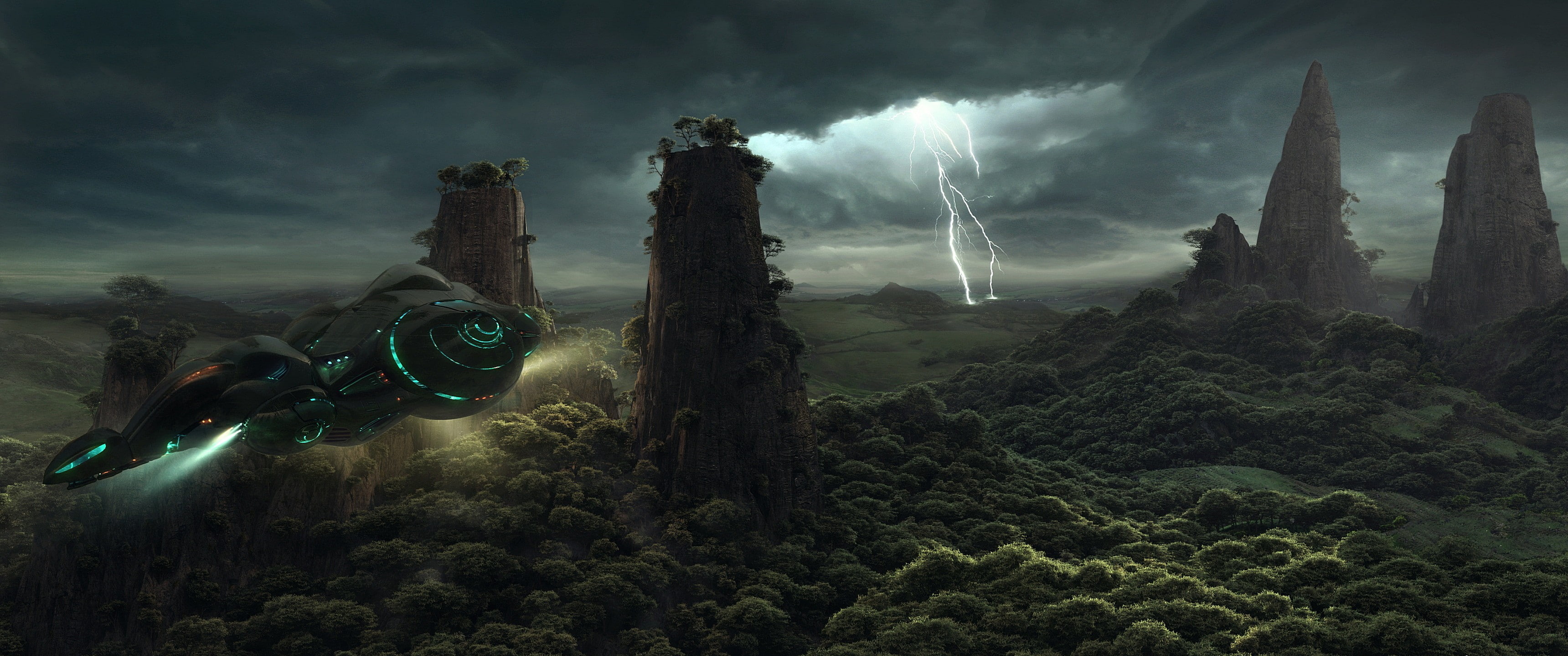 art, fantasy art, aircraft, lightning, fantasy, sky, 2K, HD Wallpaper