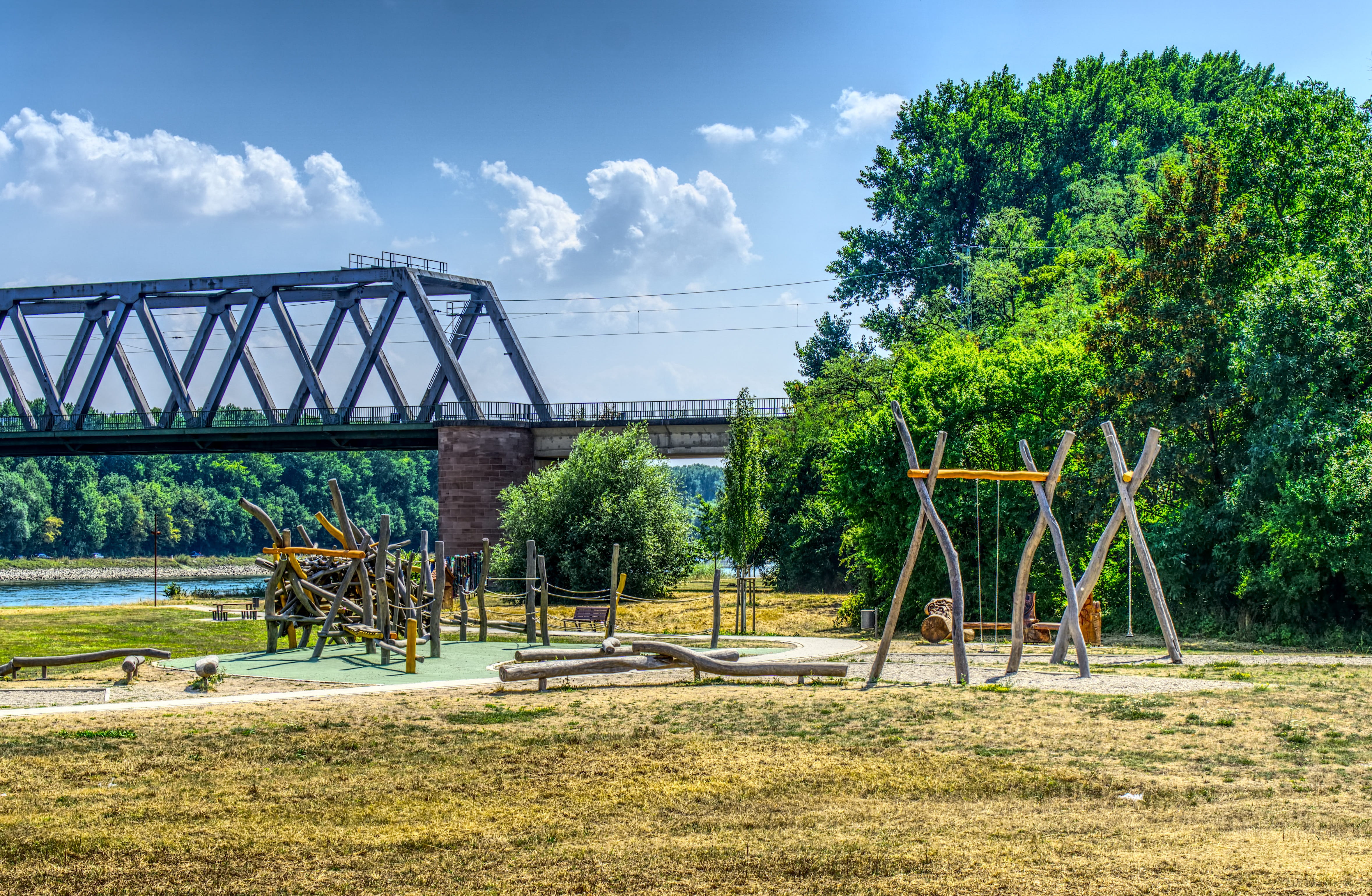 sky, rhine, sun, playground, tree, hdr, river, summer, happy, no people, built structure, clouds, green color, 4K, jungle gym, nature, connection, grass, HD Wallpaper