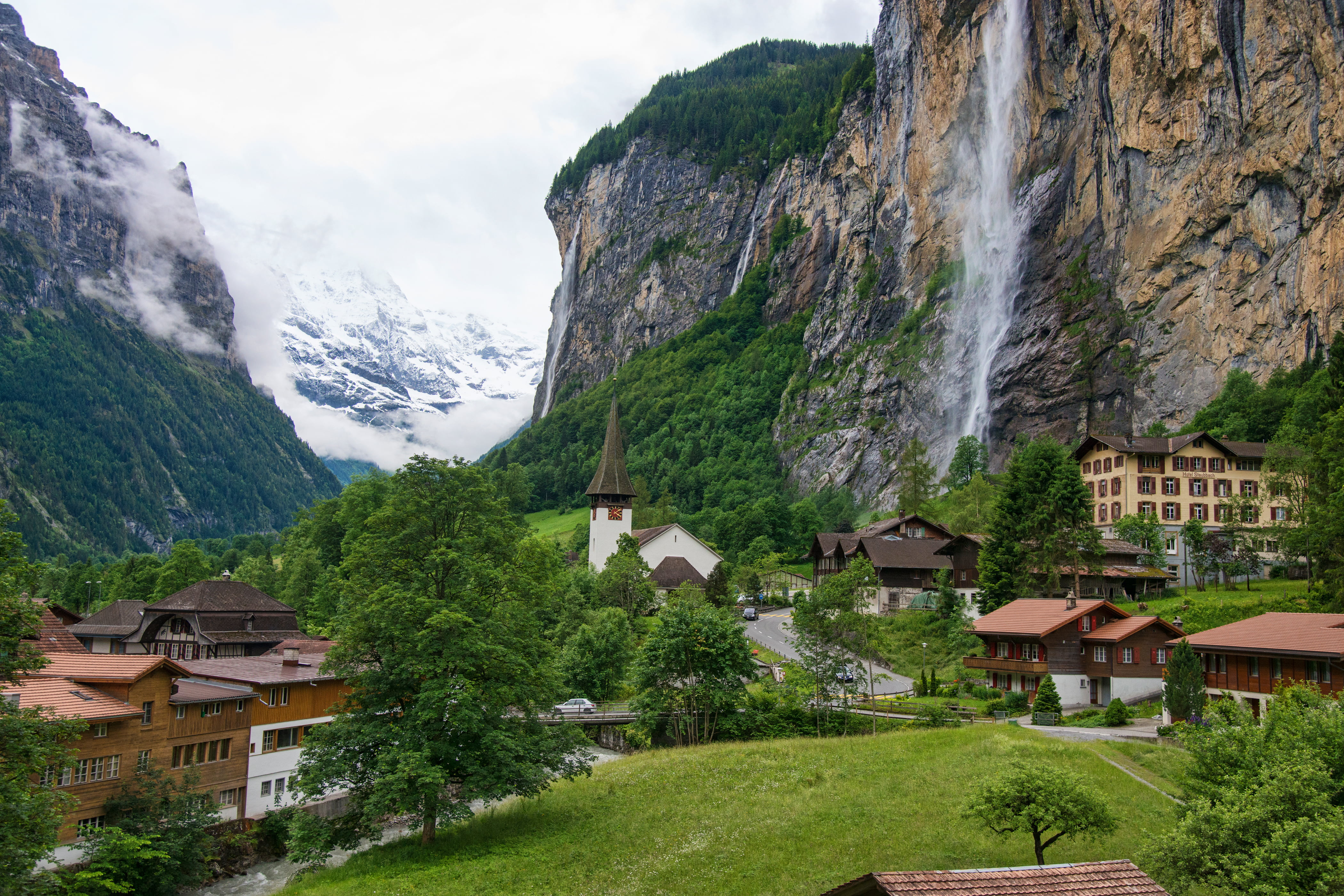 brown, sky, architecture, waterfall, Switzerland, valley, wooden, built structure, plant, mountains, Staubbach, the sky, water, outdoors, formation, day, HD Wallpaper